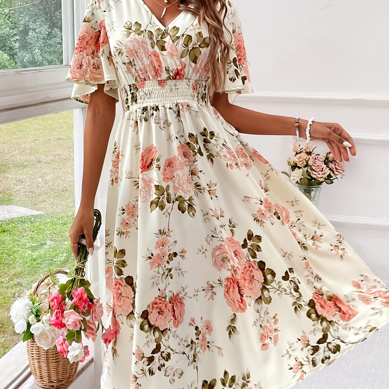 E-shop Plus Size - Plus Size - Plus Size Mode Damen Blumenkleid mit gerafftem Bund