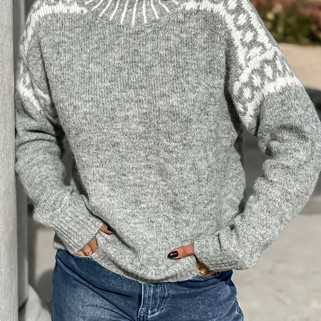 Image of Plus Size - Plus Size - New Autumn And Winter Women's High-neck Sweater With A Design Pattern, Featuring Contrasting Colors And A Loose Fit