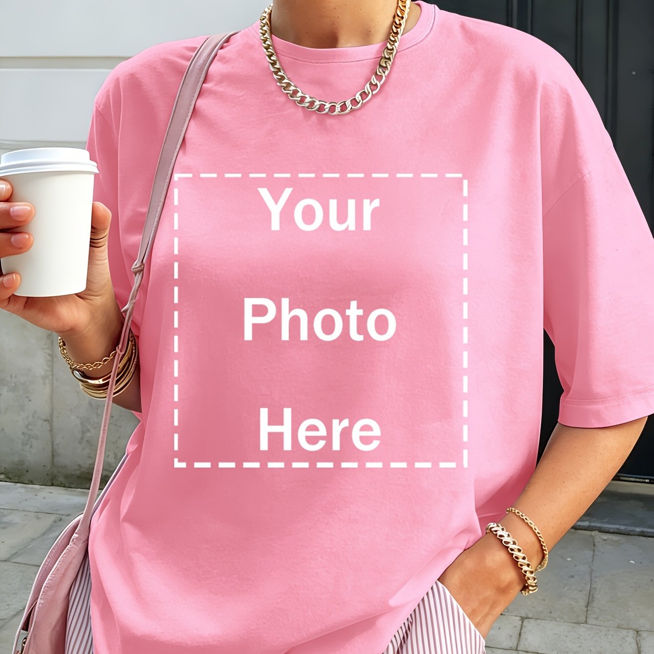 TEMU Customized Short-sleeve Women's T-shirt With Personalized Photos And Text Prints, New 2026 Spring/summer Collection, Crew Neck Casual Versatile