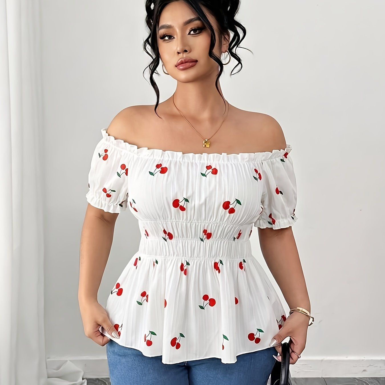TEMU Plus Size Women's Summer Cute Cherry Print Off-shoulder Blouse Top, Slim Waist Short Sleeve