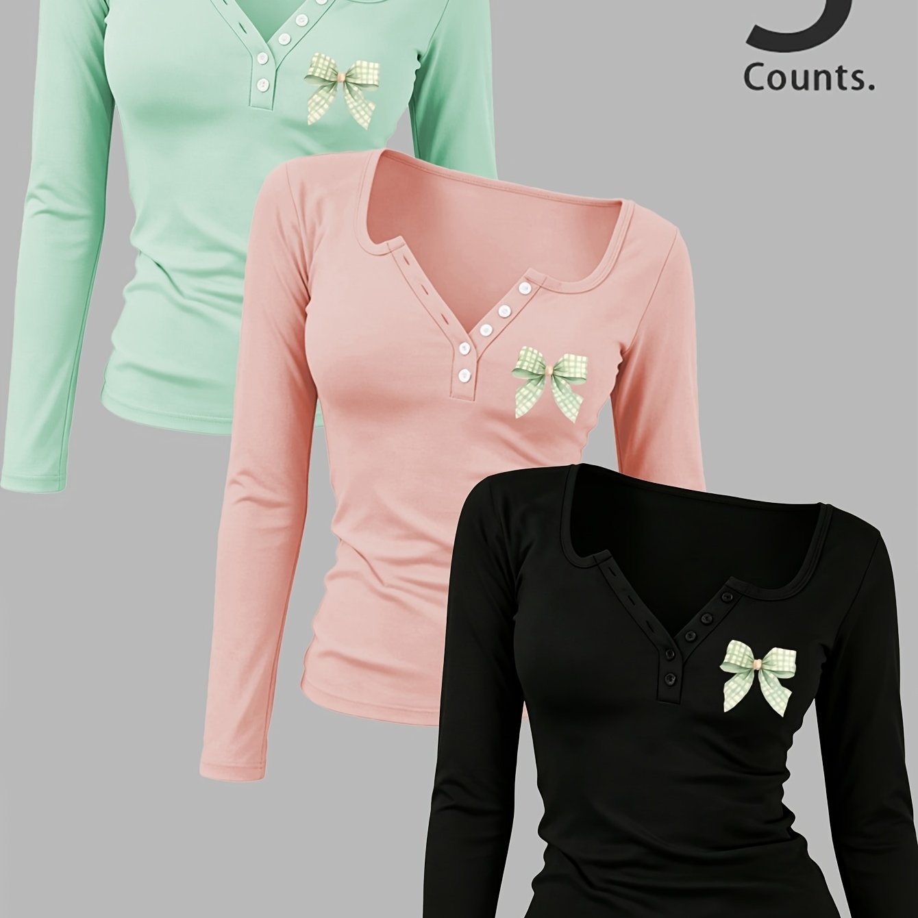 TEMU Henley Button Long Sleeve 3pcs Set, Fit, Versatile For Daily & Layering, Stylish Athletic Long Sleeve Tops