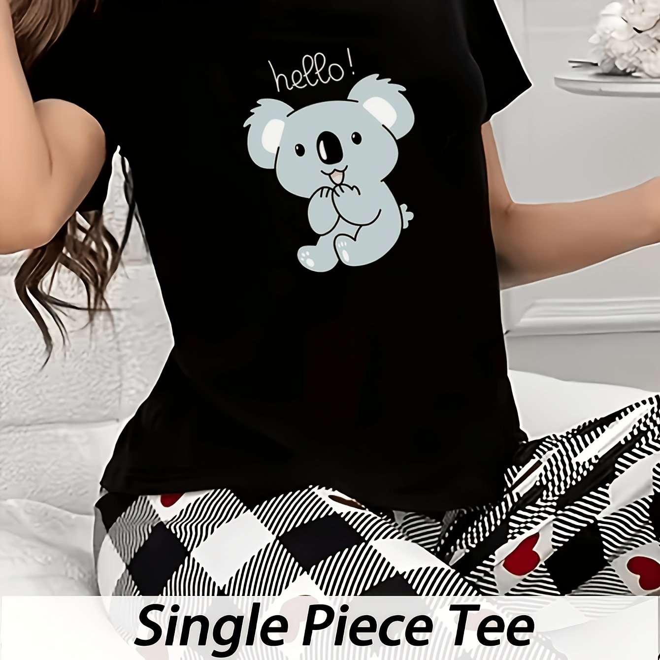 TEMU 26aw" Women'-piece T-shirt Pajamas, Cartoon Koala Themed Short Sleeve, Short T-shirt, Loose Neck Short Sleeve Top, Casual Short Sleeve,