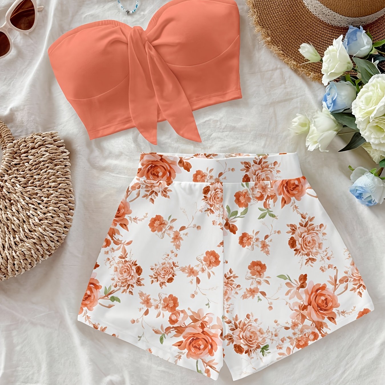 TEMU Orange Vintage Floral Pattern Vintage Style Casual Vacation Sexy Cute Coconut Bohemian Music Festival Summer Women's 2pcs Vacation Set Floral