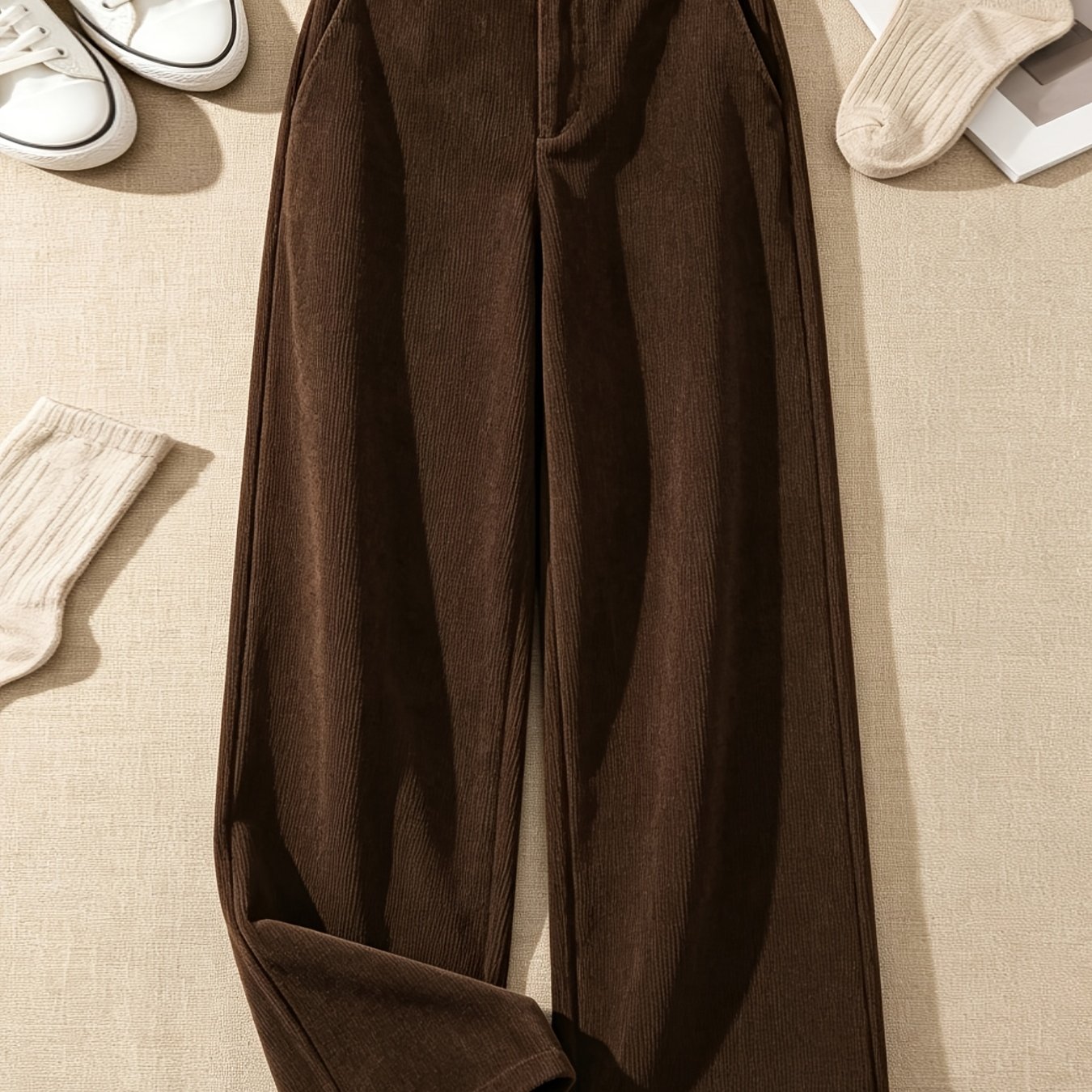 TEMU Beltless Women's Style Corduroy High-waist Wide-leg Trousers, Draped Straight-leg Floor-length Pants, Loose Fit Vintage Ribbed Casual Versatile