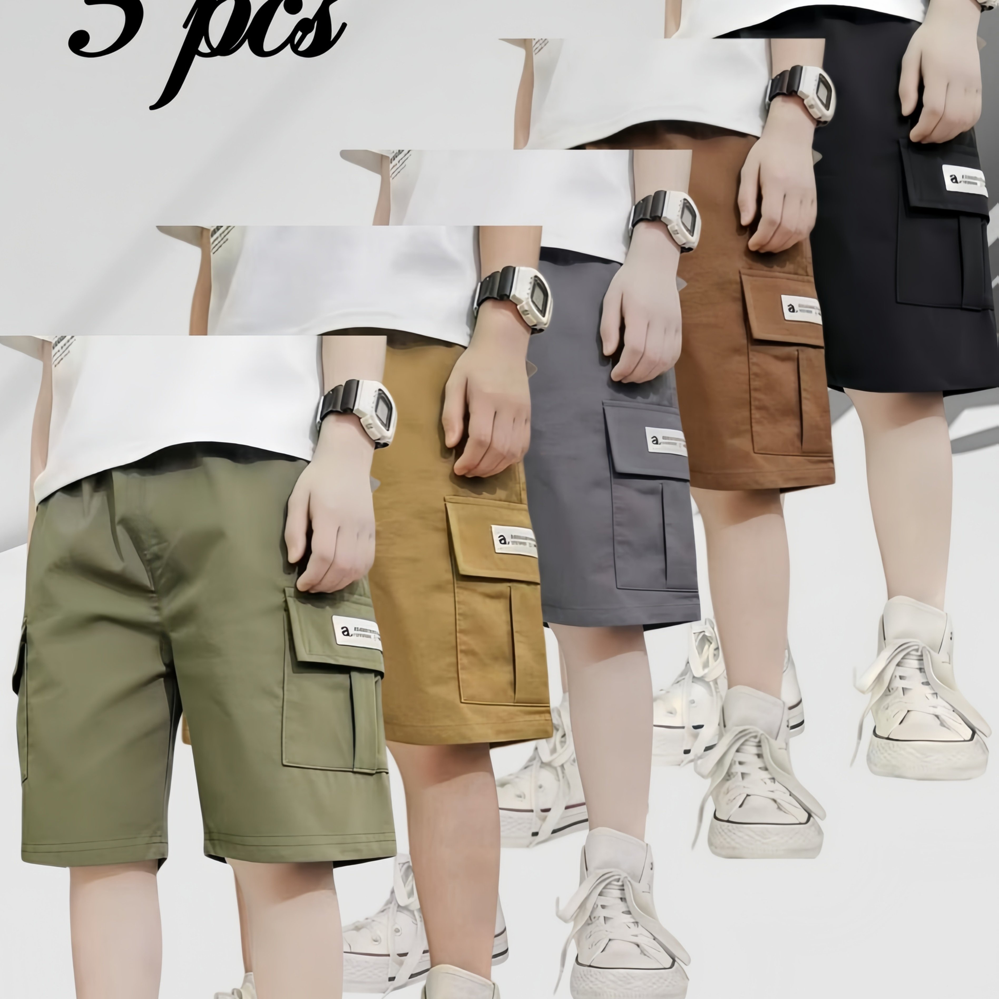 Image of Set Of 5 Boys' Cargo Shorts Made From Twill Fabric, Featuring Pockets, Perfect For Stylish And Versatile Summer Outdoor Activities For Children, For Outdoor