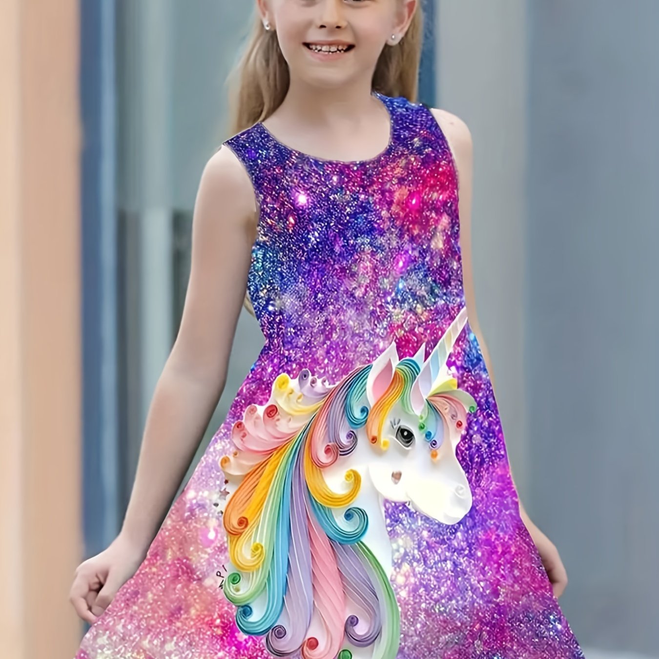 TEMU Fashion Girls Rainbow Unicorn Print Sleeveless A-line Casual Dress