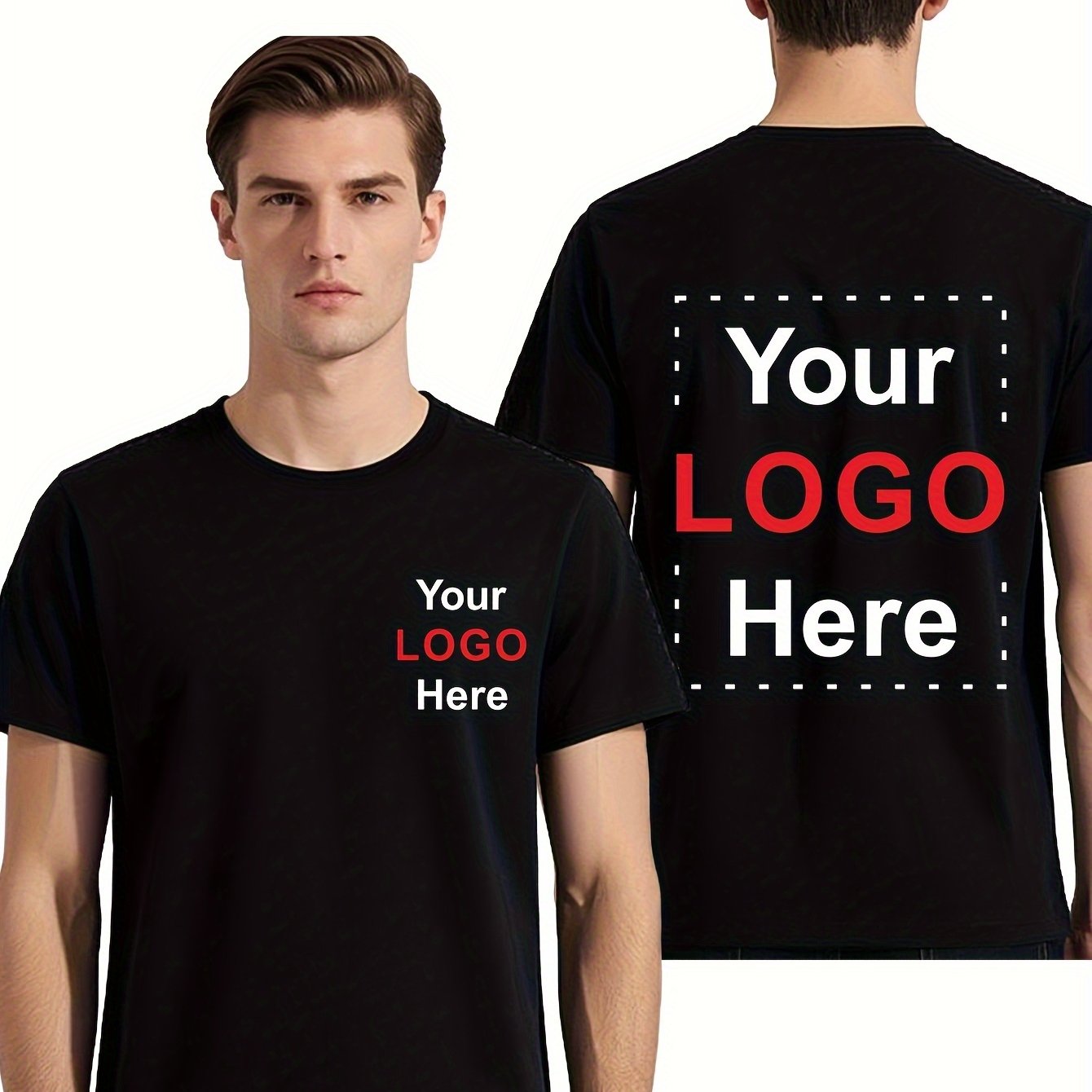 TEMU Customizable Men's Short-sleeve T-shirts- Personalized Text, Logo& Front And Back- Ideal For Team Uniforms, Casual Outfits With " Here" Option,