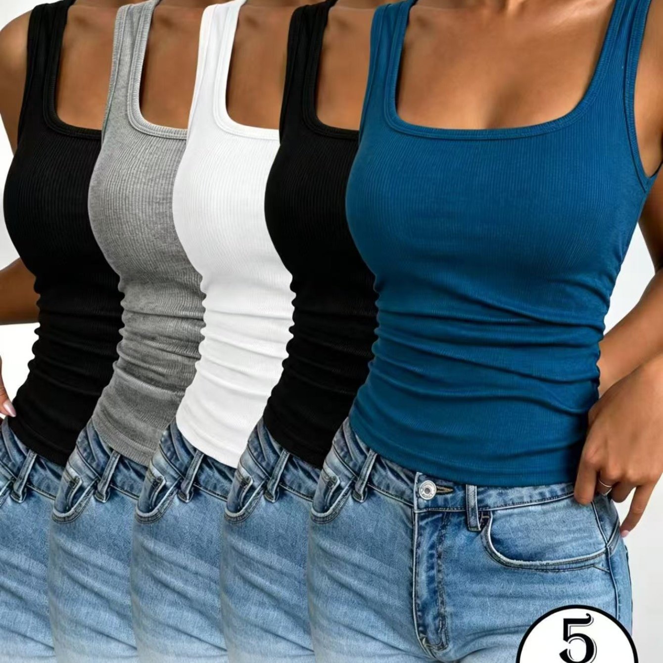 TEMU Lot de 5 débardeurs larges de U avec dos nu pour femme, couleur unie, couche intérieure et couche extérieure, débardeur de base, débardeur à