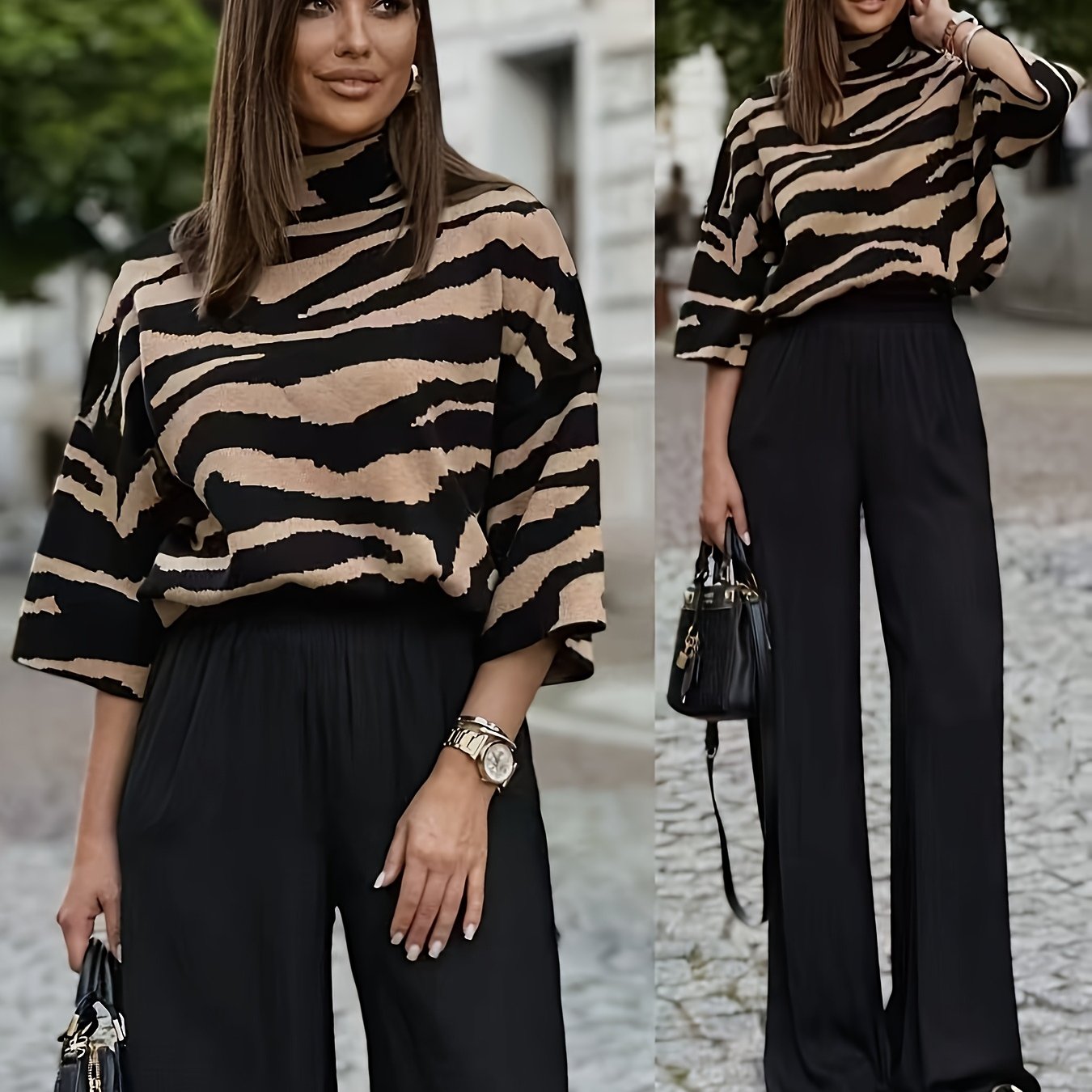 Image of Women's Elegant Oversized Sweater Zebra Camel-colored Sweater - Soft Comfortable Fabric - Daily - Outdoor Vacation - Valentine's Day - New Year Gift