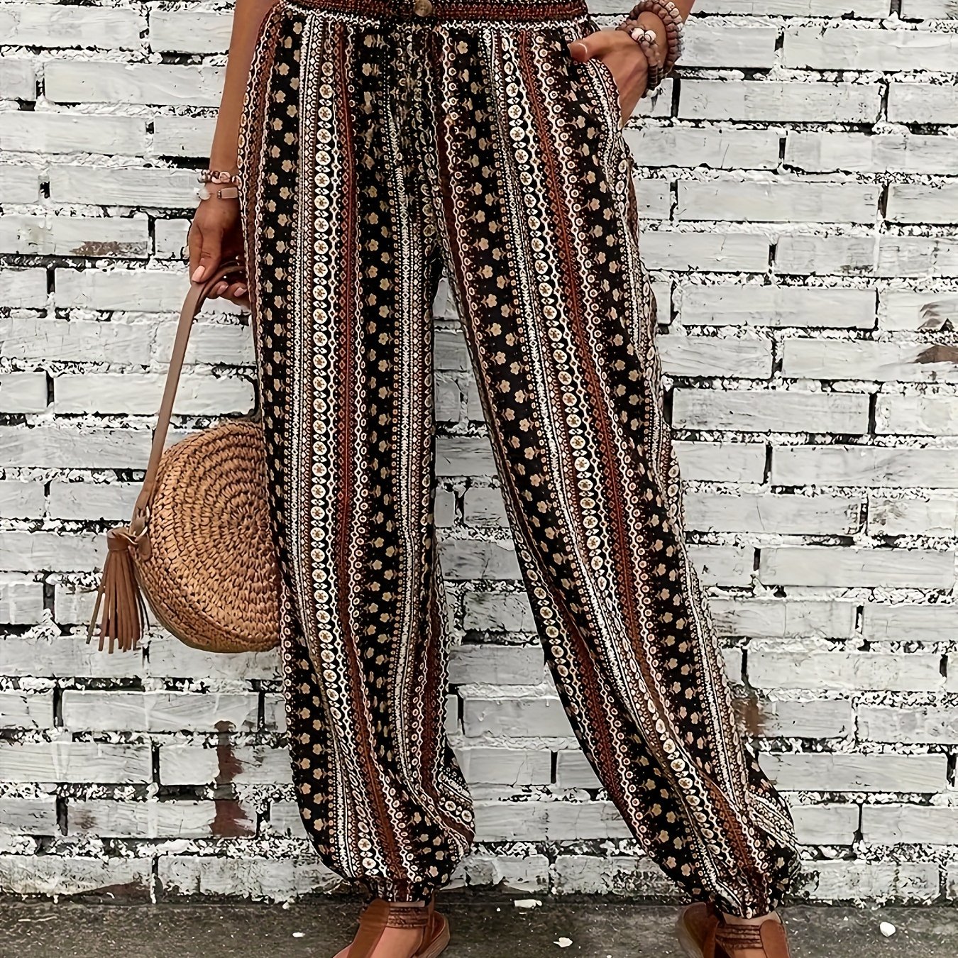 TEMU Bohemian Printed Palazzo Pants, Comfortable Wide Trousers, Casual Joggers, Casual Style For Women