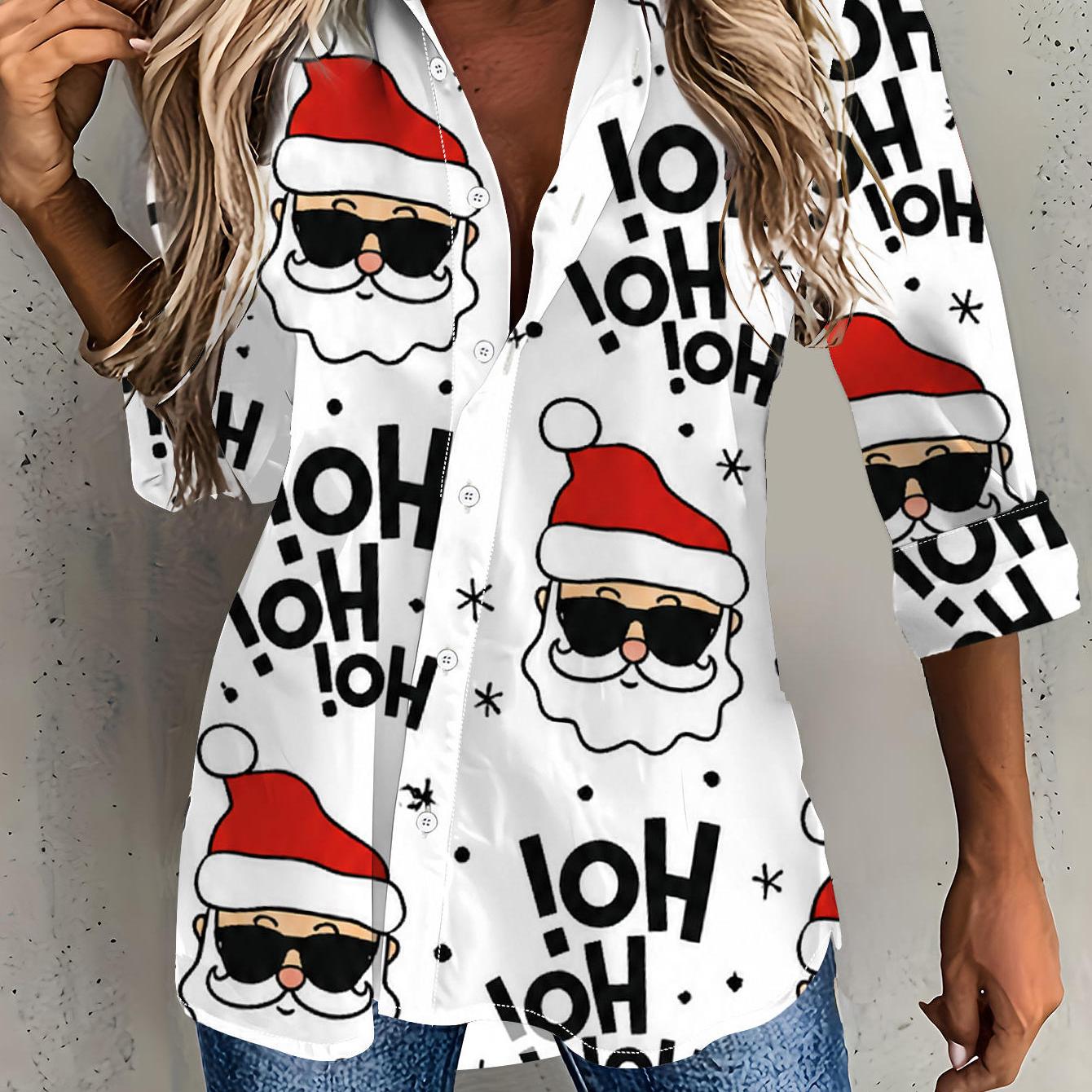 TEMU Women's Long-sleeve Shirt With , Loose-fit Printed Shirt In Santa Claus Style, Long-sleeve Collared Shirt For, Black, White, And Red Color