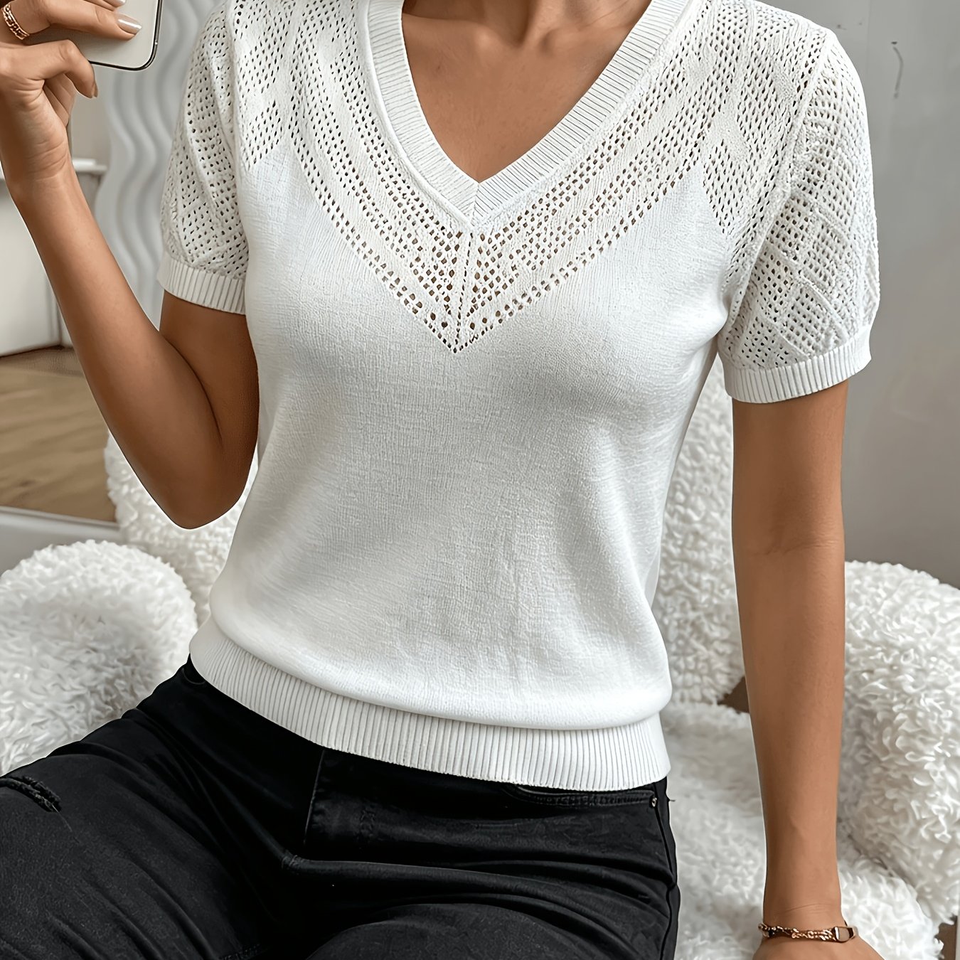 TEMU Women's Summer Clothing, Short Sleeve V-neck Solid Thin Sweater, Regular Fit Pullover, Spring Summer Festival