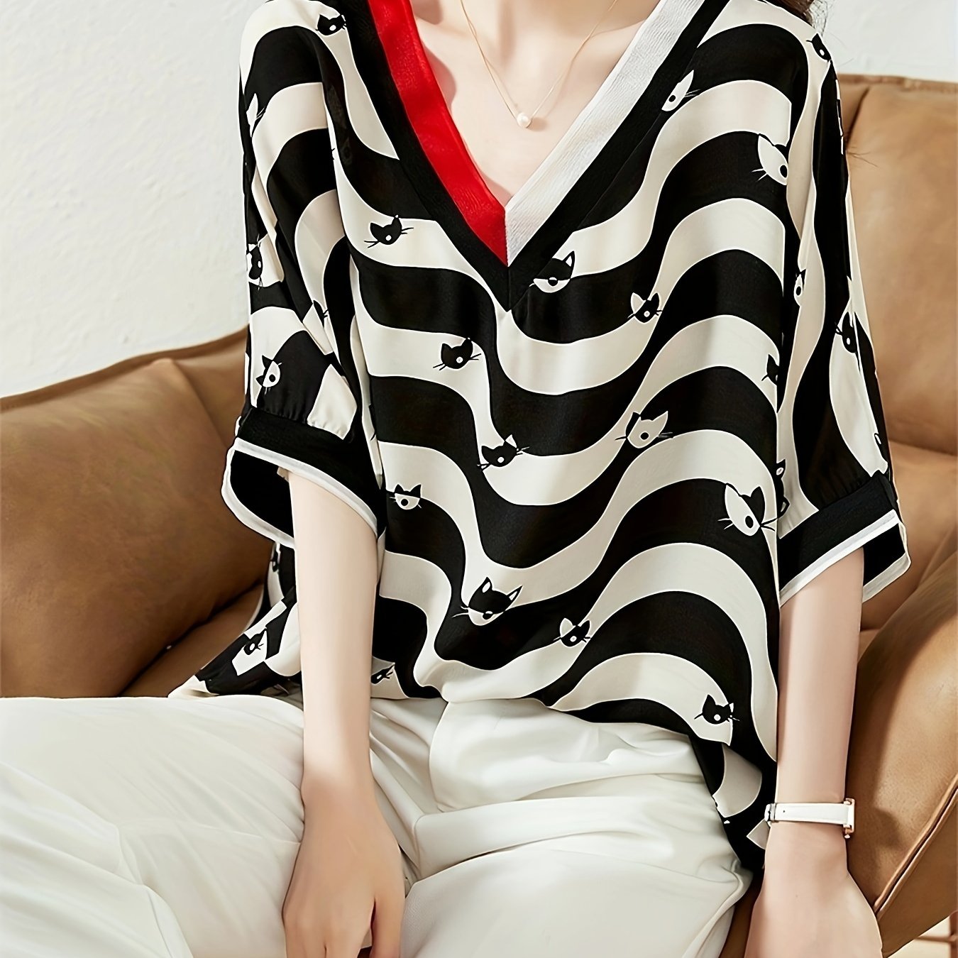 TEMU Cat Print Color Block Blouse, Chic V Neck Asymmetrical Striped Half Sleeve Blouse For Spring & Summer, Women's Clothing