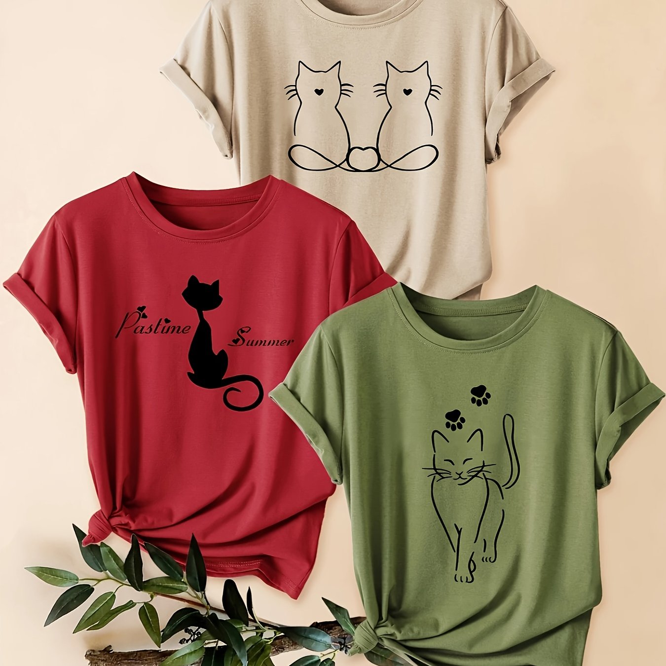 TEMU Three-pack Women's Minimalist Short Sleeve T-shirts With Line Art Cat Print, Round Neck, Loose Fit Summer , Fashionable Vacation Daily Versatile