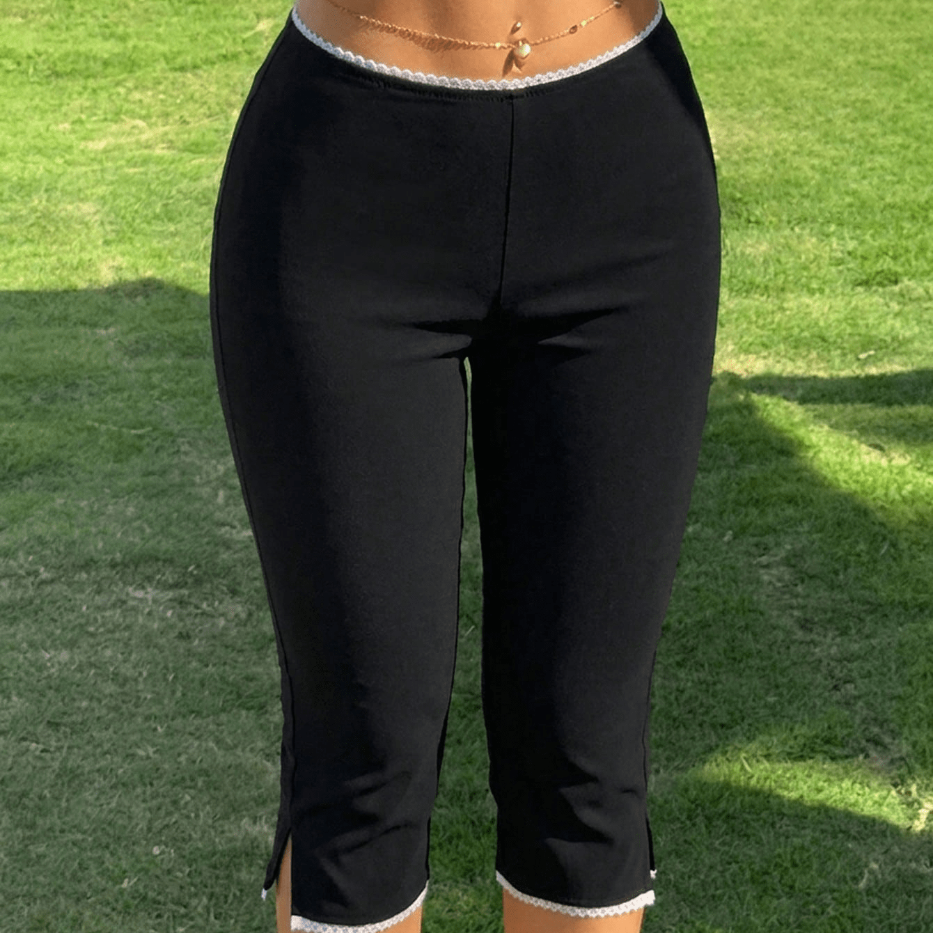 TEMU Women's Casual Capri Pants, Women's Low-waist, Elastic Lace Trim, Slim-fit, Versatile Casual Women's Leggings, Lace Trim Capri Pants, Elastic