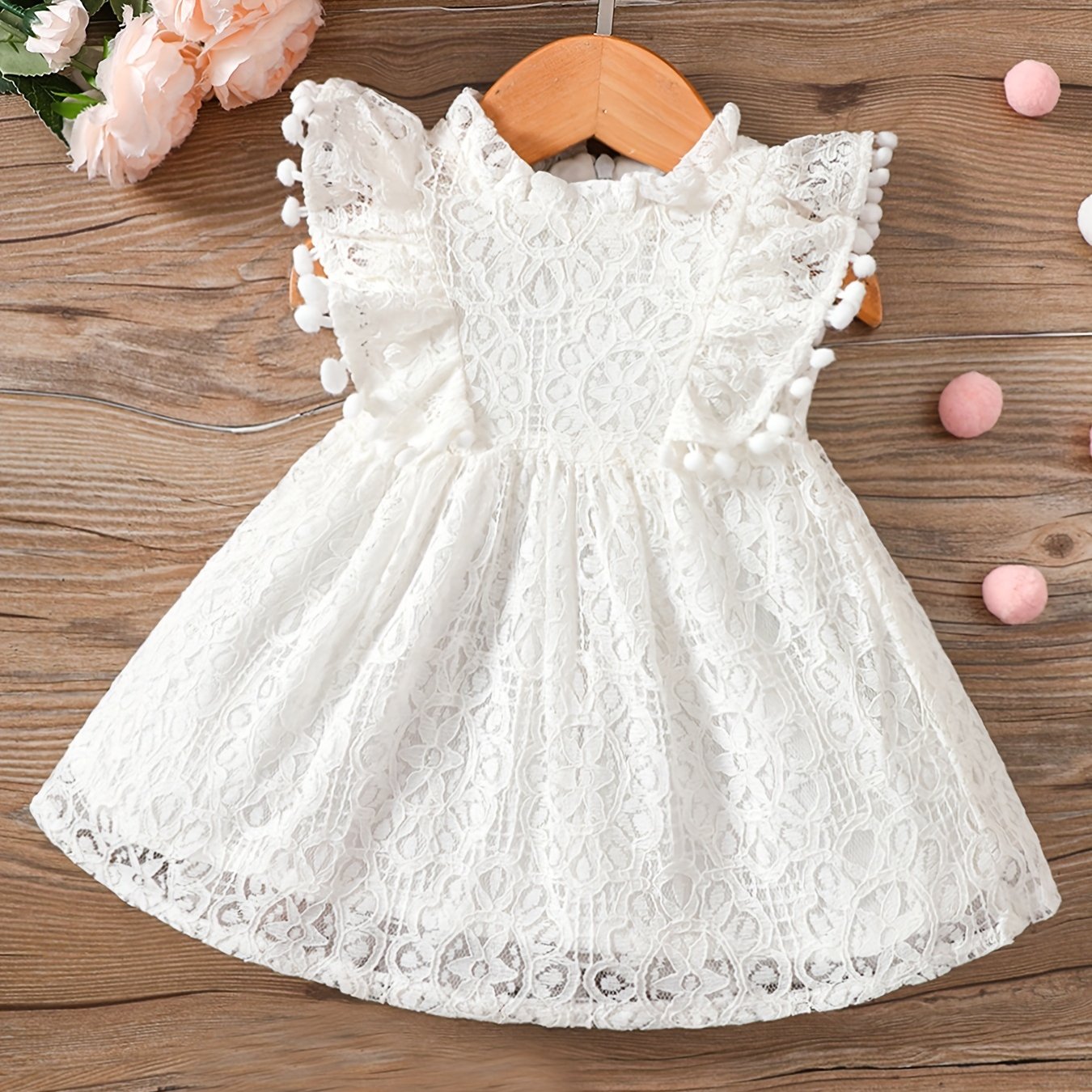 Image of Summer Baby Girl Dress With Hollow-out Tassel Ball Fly Sleeves And Crew Neck | Non-stretch Fabric, Straight Hem, Regular Fit