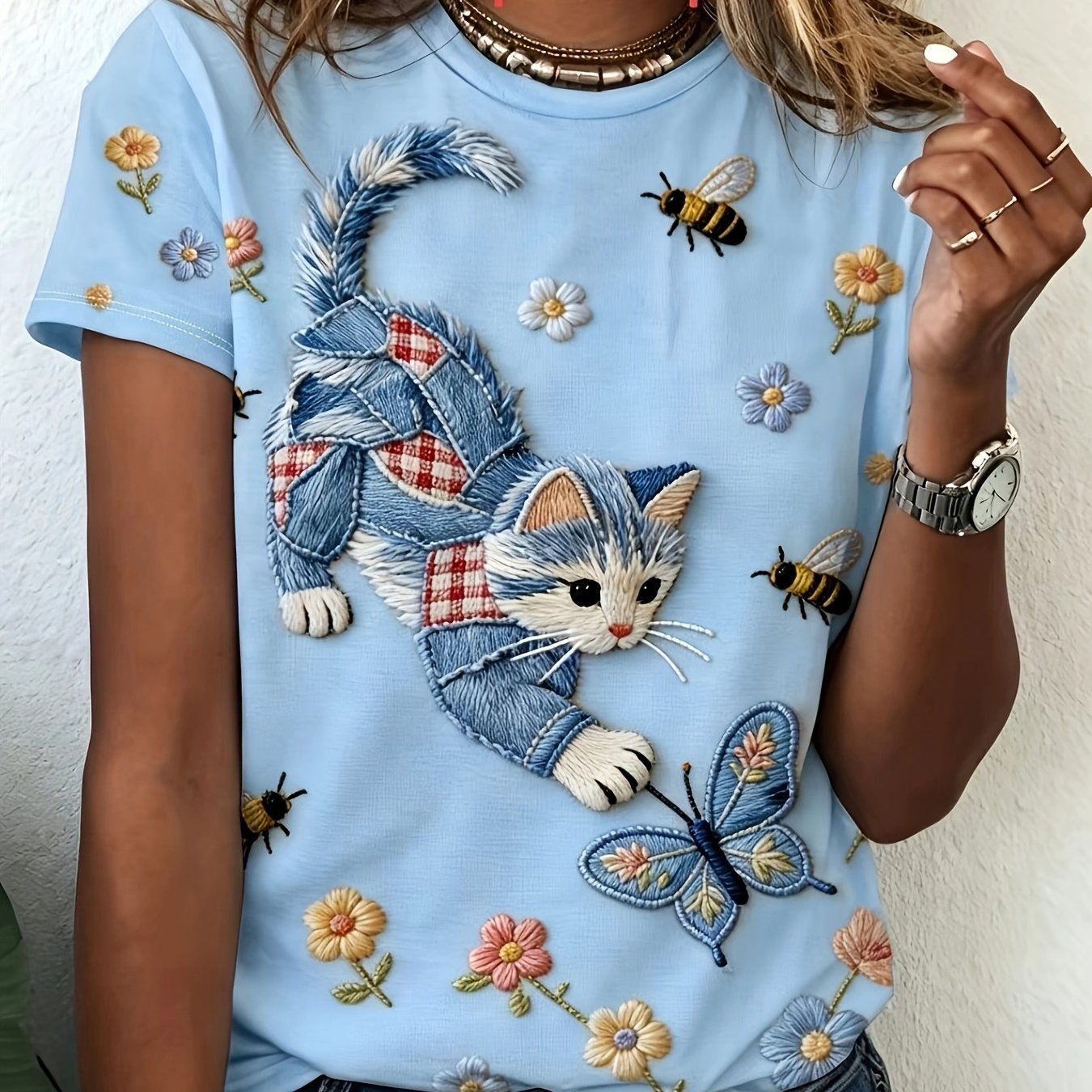 TEMU Printed Design - Not Textured, 2026 Summer Size Women's Short Sleeve T-shirt With Embroidery Cat And Print, Round Neck, Forest-inspired Style
