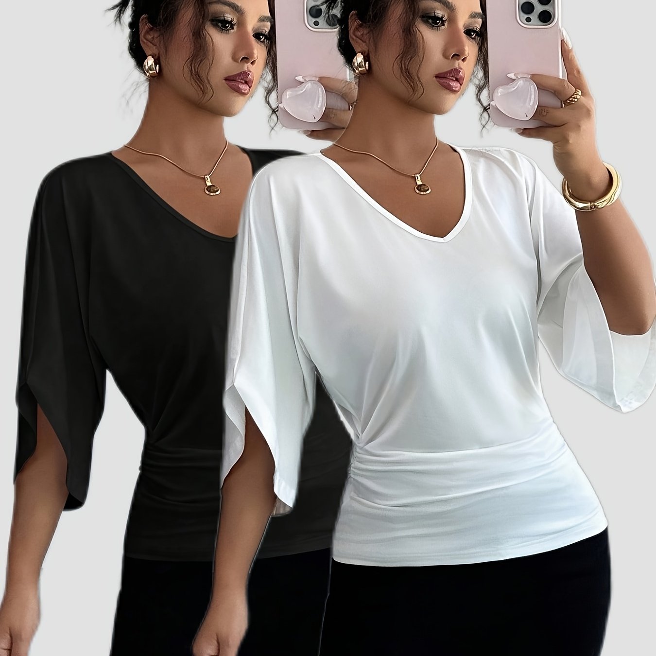 E-shop 2er-Set Damen Freizeit Weitärmeliges V-Ausschnitt Einfarbig Slim-Fit Kurzarm T-Shirt
