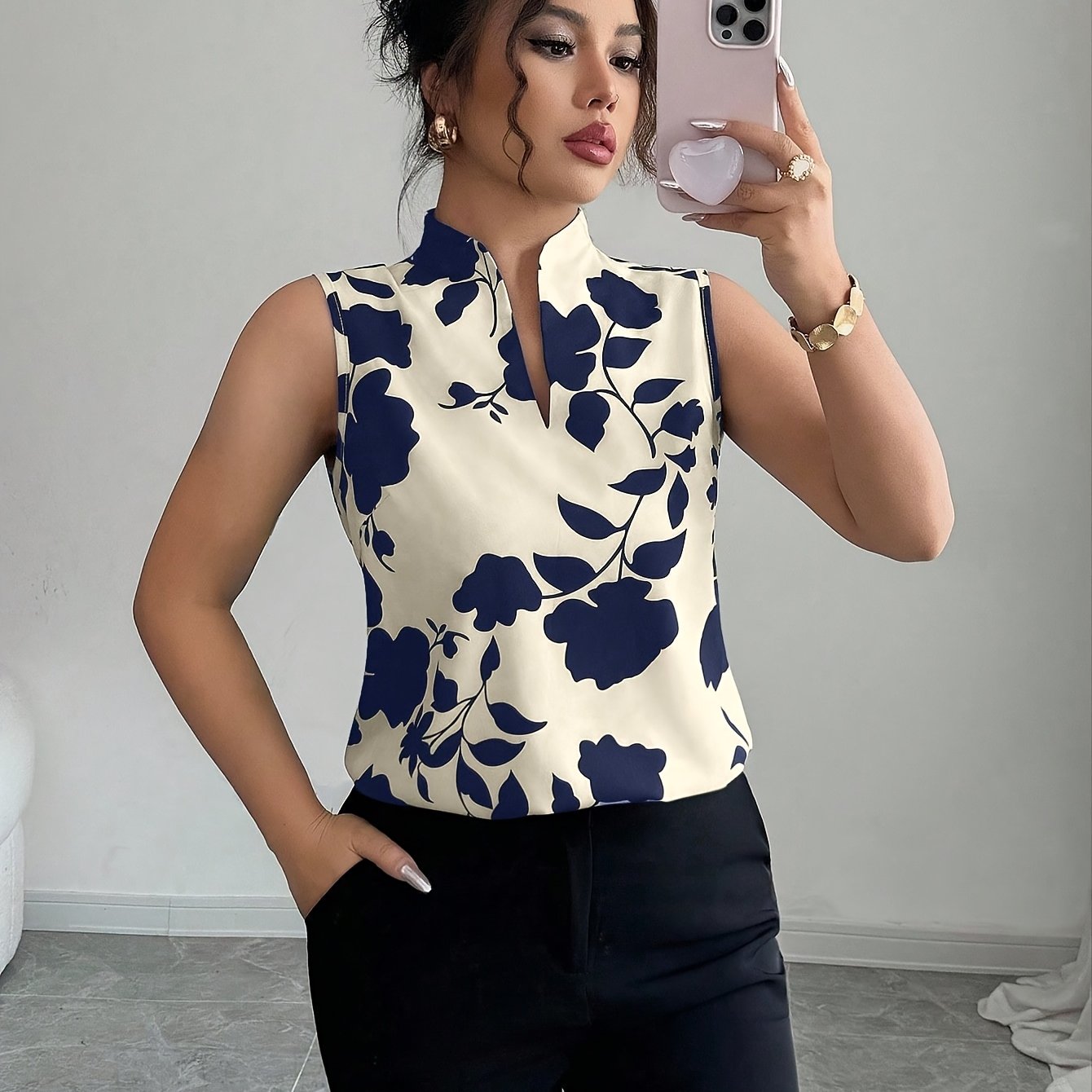 TEMU Ladies Elegant Printed Sleeveless Casual Blouse