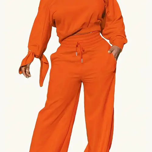 womens two piece solid color long sleeved top and pants casual set