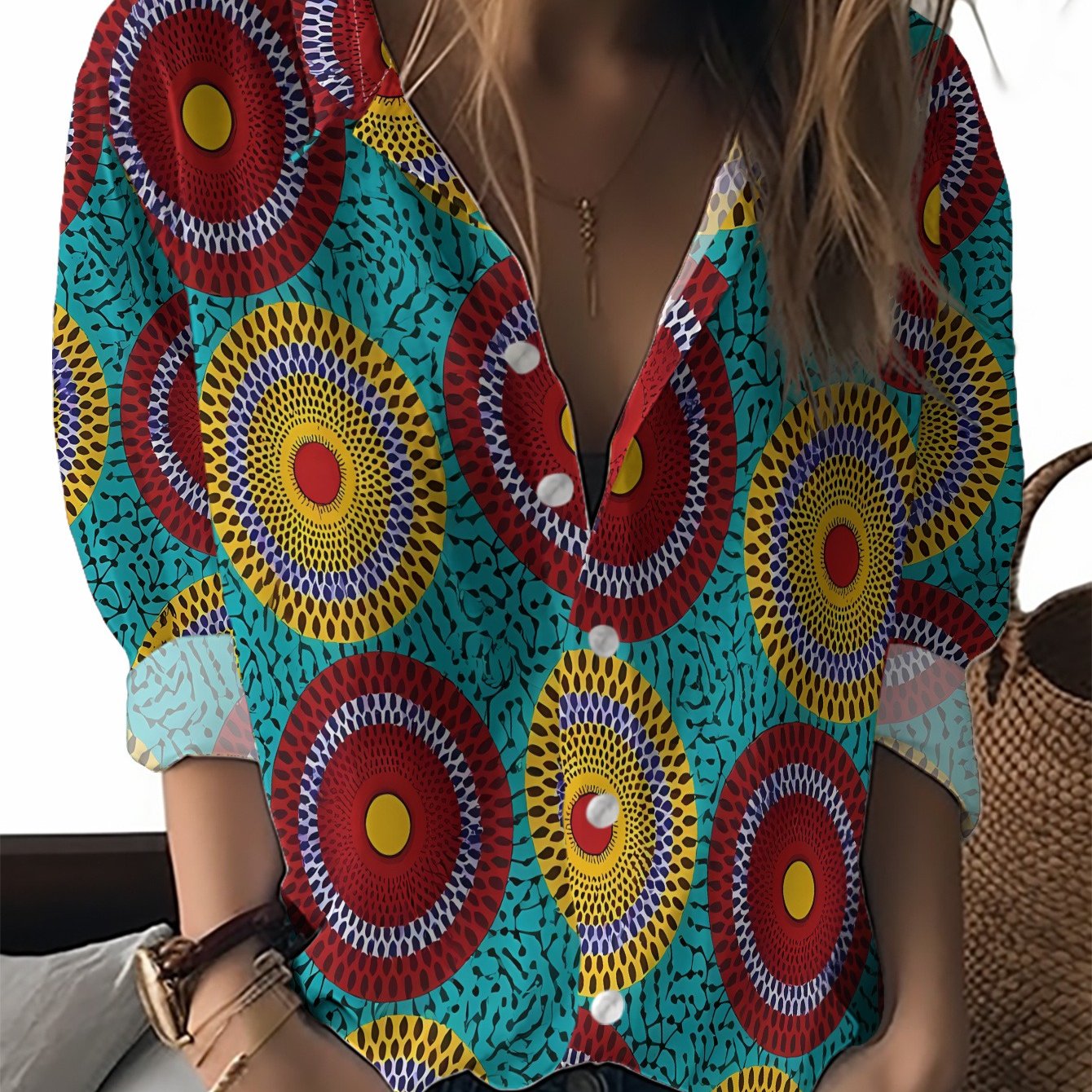 TEMU Long-sleeve Shirt Features A With Circular Patterns In Red, Yellow, And Other Colors, Of African Wax Print Fabric, Made From Casual, And Is