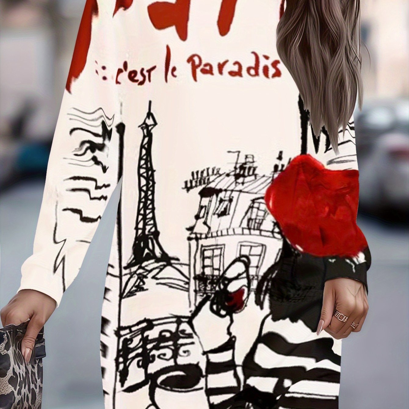 TEMU Women's Plus Size Autumn/winter Christmas-themed 3d Floral City Architecture Print Crew Neck T-shirt, Featuring A Slightly Stretchy Long Sleeve.
