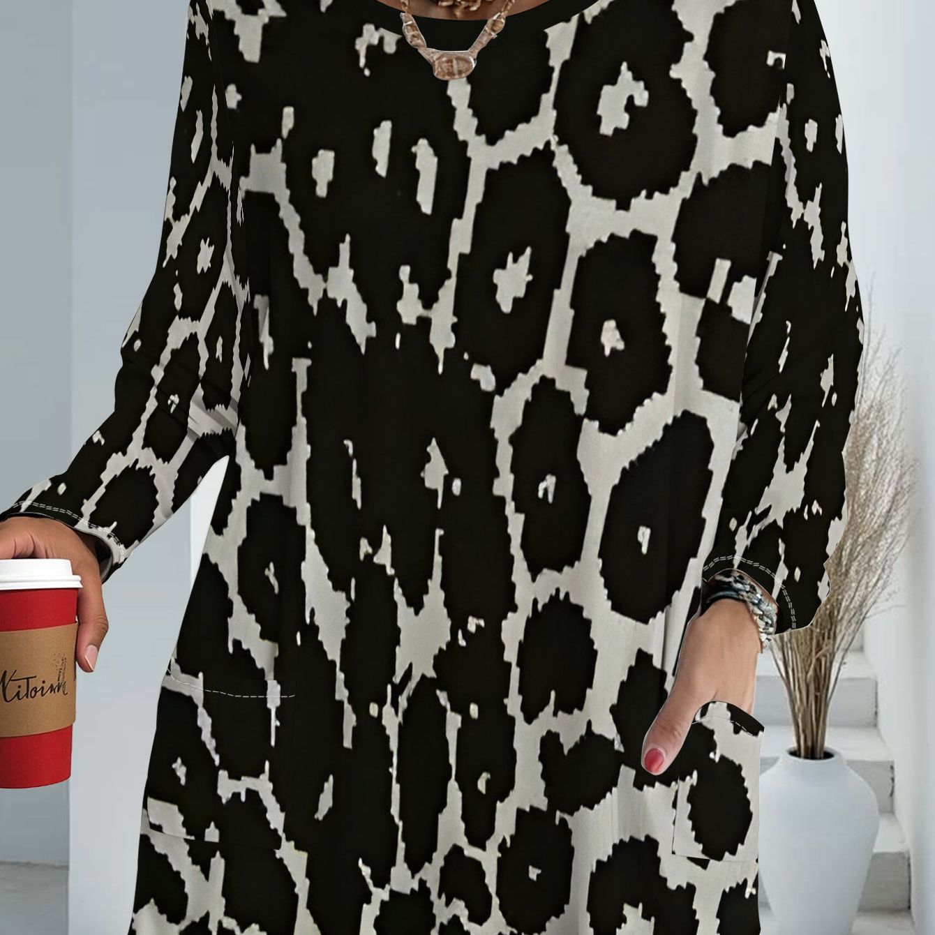 TEMU Women's Plus Size Leopard Print Loose- With Pockets, Fashionable Versatile Long Sleeve T-shirt, /summer Casual Printed Base Layer