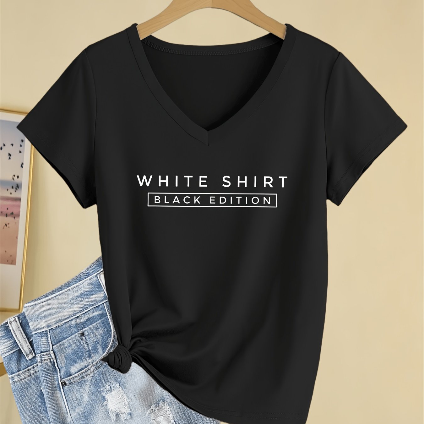 TEMU Women's T-shirt, "white Shirt Black Edition" Text Print, Short Sleeve V-neck Printed Tee, Machine Washable, , , Fashionable Design, Everyday