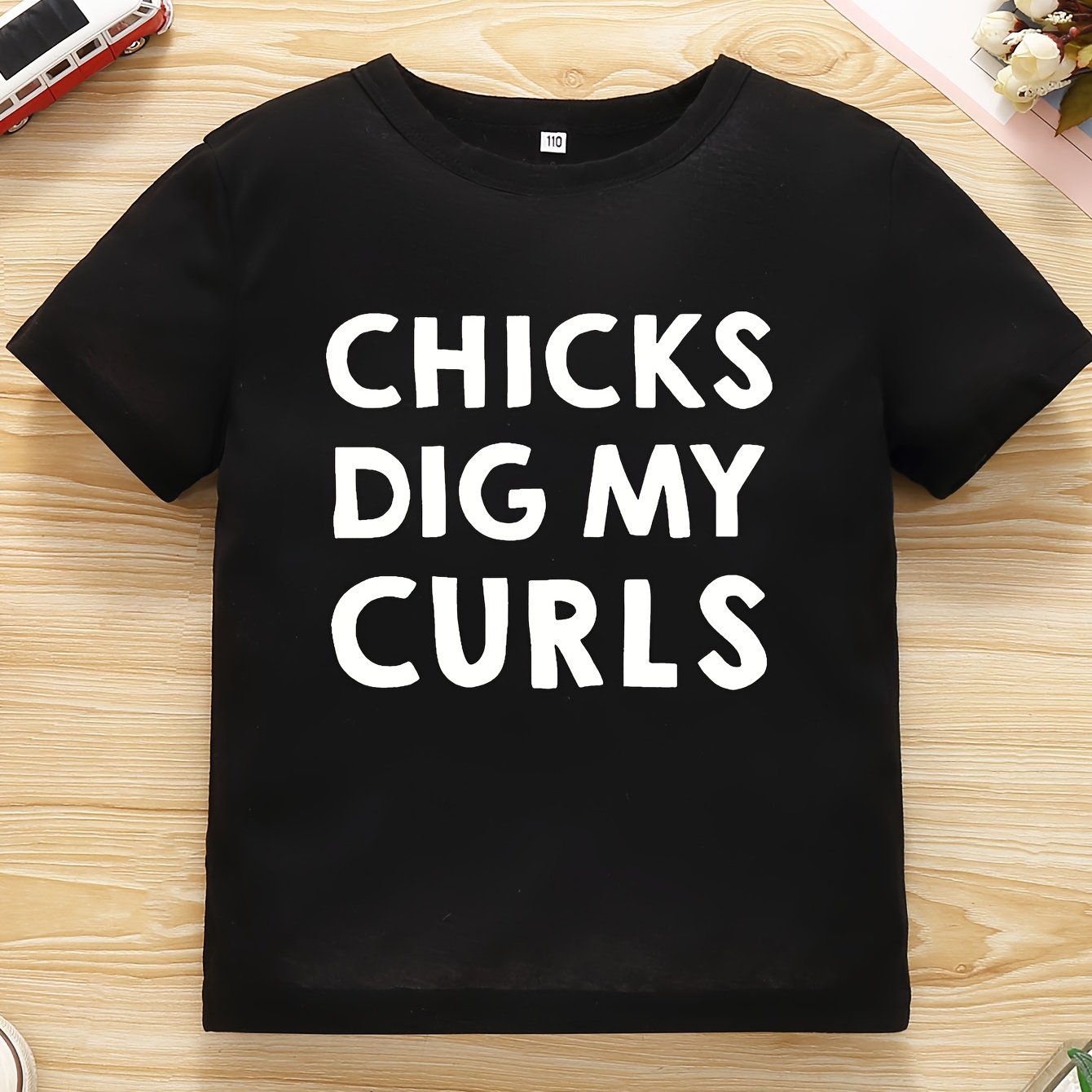 TEMU Girls Curls Boy T-shirt - Funny Letter Print, Short Sleeve, Summer Fashion Kids