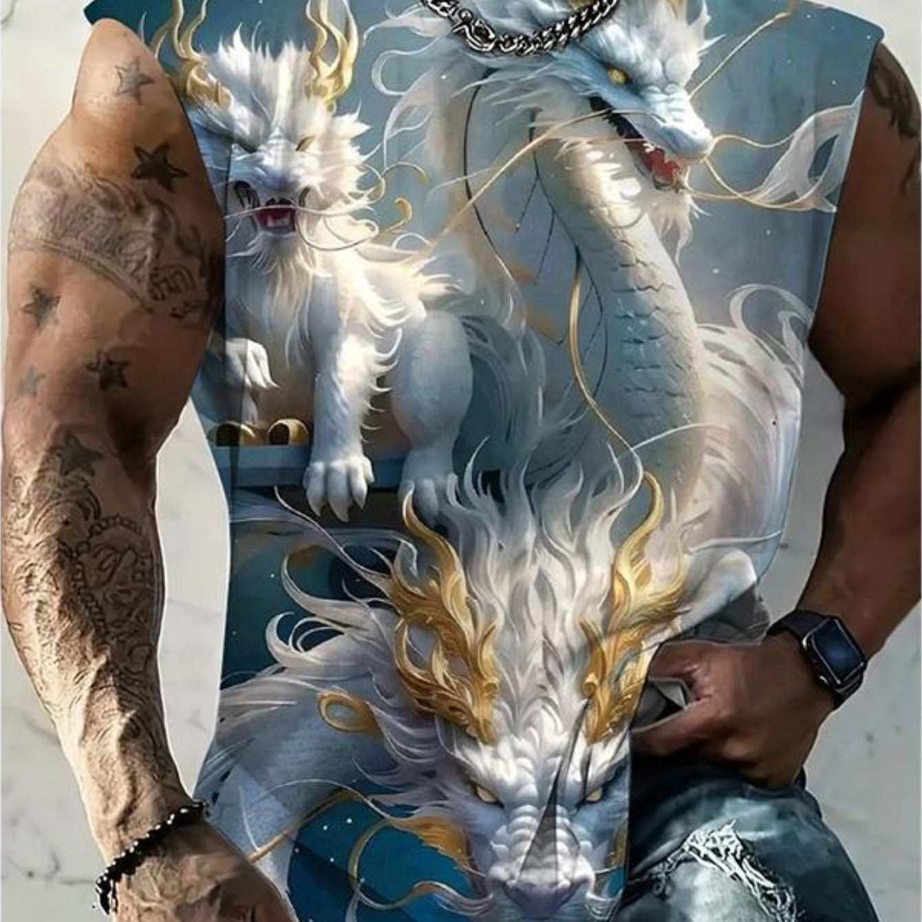TEMU [print Design-not Textured] Men's Vest Fashion, Print Design Pattern, Machine Washable Men's Dragon Pattern Print Sleeveless Round Neck Casual
