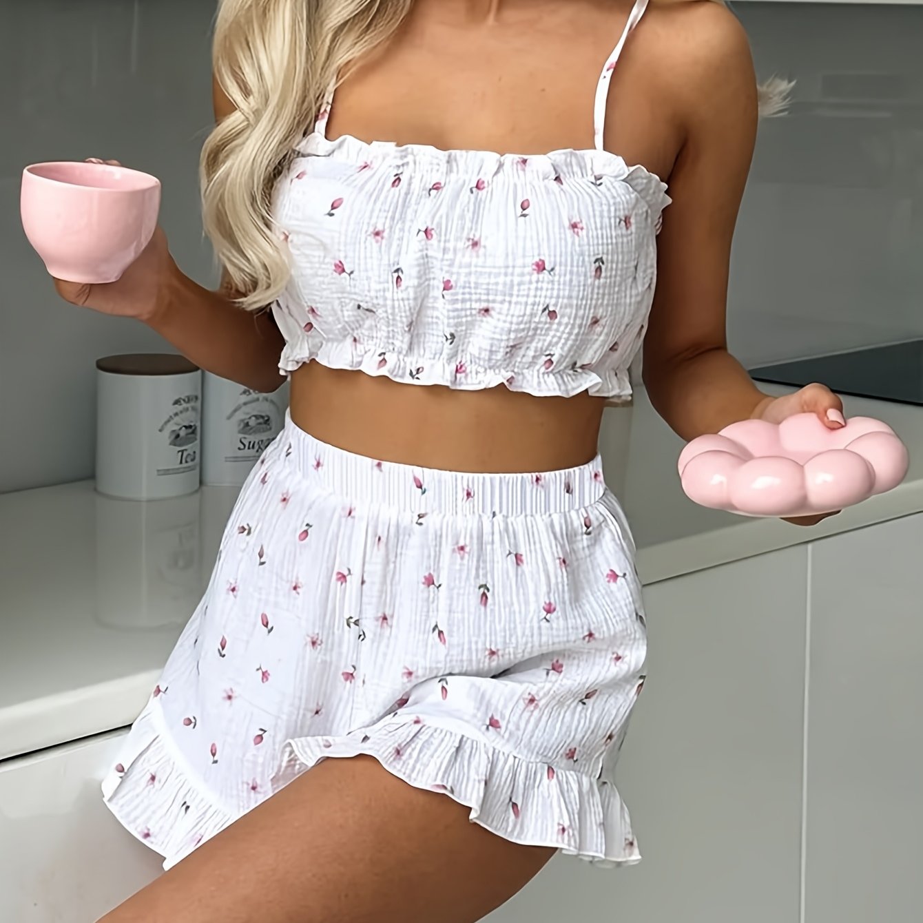 Image of Pajamas - Women's 2pcs Pajama Set, Spaghetti Strap Crop Top And Shorts With Small Floral Print, Fabric Ruffle Trim Crinkled Texture Soft Breathable Loungewear