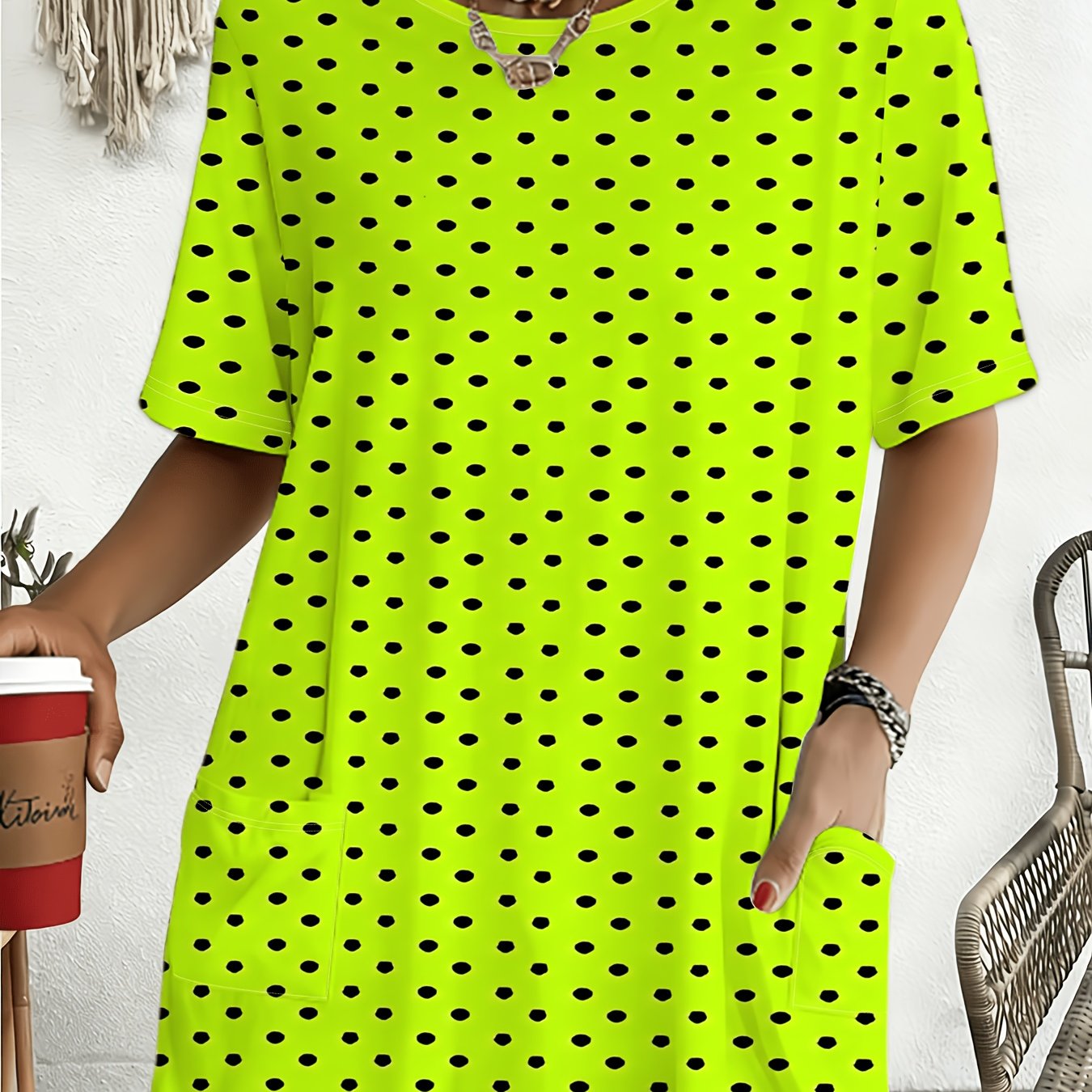 TEMU Fluorescent Green Polka Dot Print Short Sleeve T-shirt For Women, Casual Top, Summer Trendy Women's Clothing