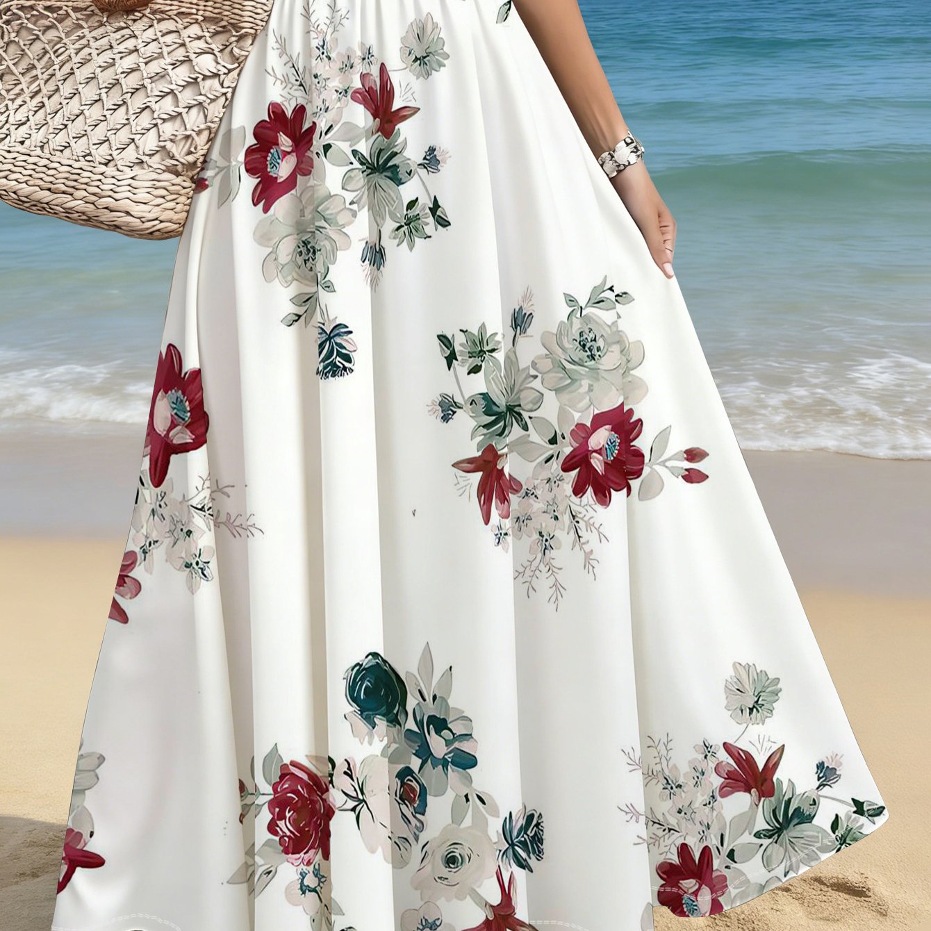 TEMU Jupe Maxi Femme à Imprimé Floral, Vacances , Tenue Décontractée, Vêtements d'Été, Fête dans , Événement de Festival, Tissu Léger, Design Fluide,
