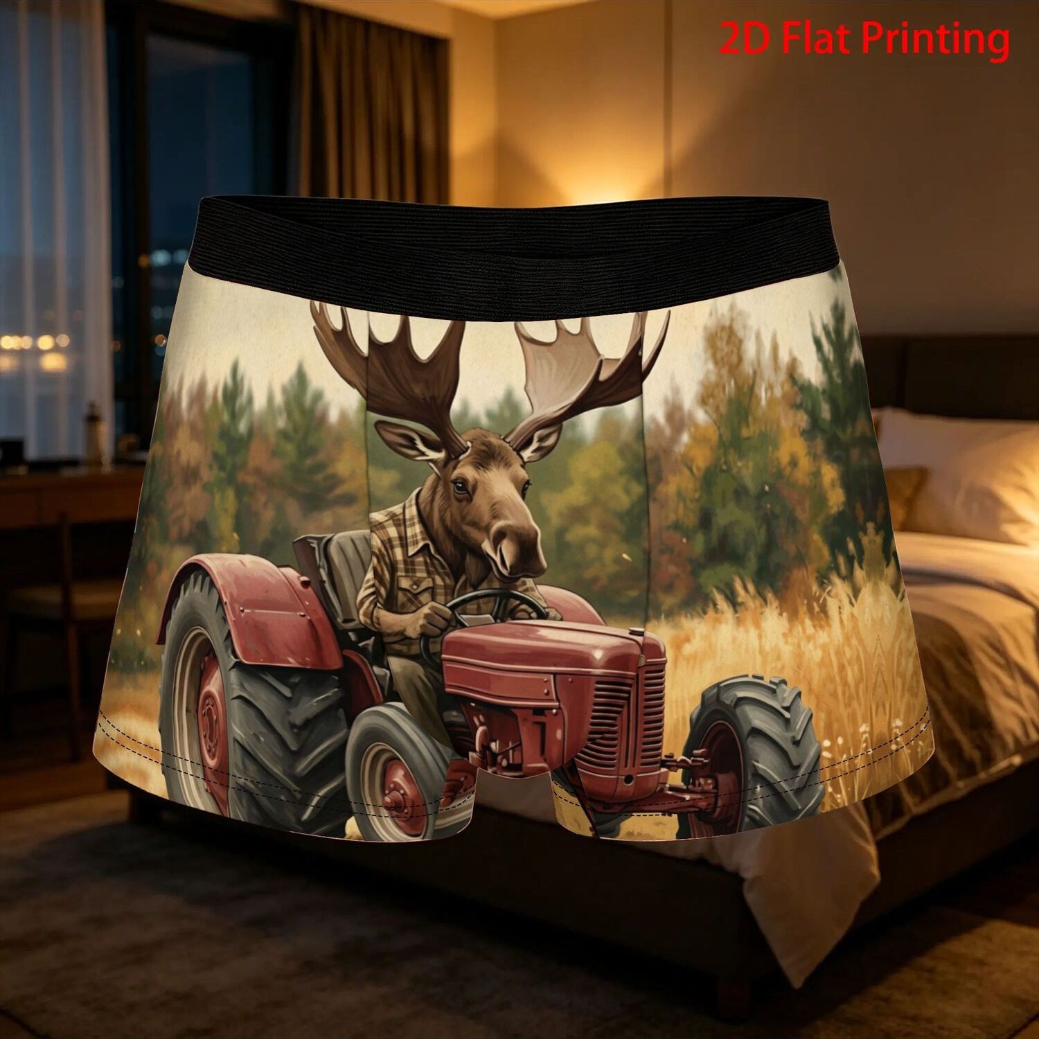 TEMU 1pc Biihudu Men' Moose Driving Underwear - Funny Novelty Boxer Briefs With Moose Print, Breathable Short Shorts, Non- Suitable For Casual Wear &