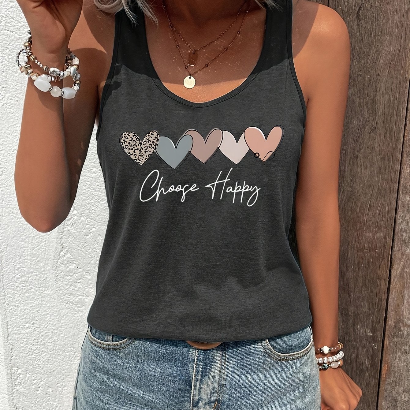 Heart Print Top, Casual Sleeveless Top For Summer, Women's Clothing