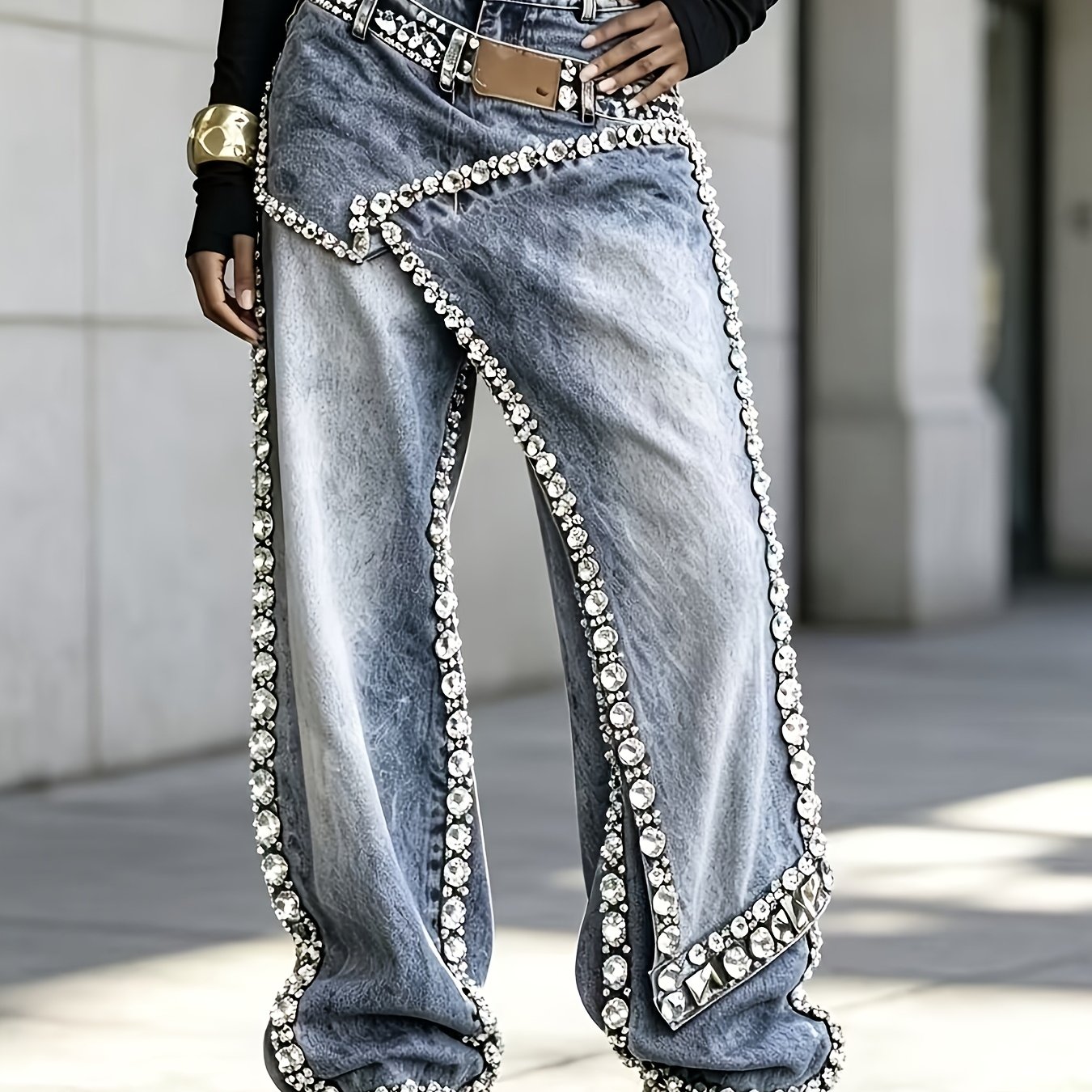 New Stylish Washed Jeans Feature A Unique Spliced Design Decorated With Sparkling Rhinestone Details, , And A Wide-leg Cut. Made Of Soft, Comfortable, And Wear-resistant Denim Fabric, Are Suitable For