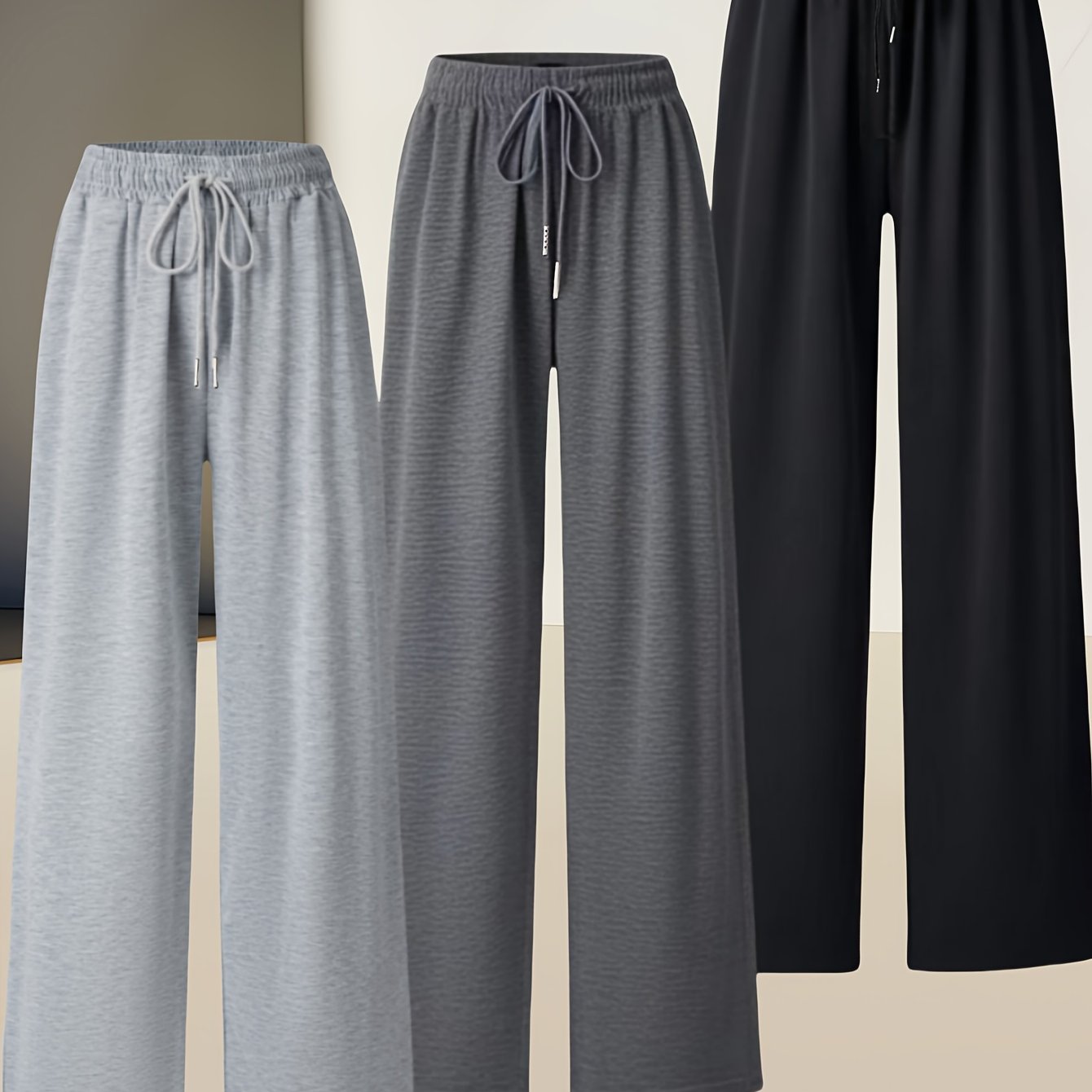 3pcs Women's Casual Long Pants. Spring Summer Fall Jogger Trousers, Double Pockets Casual Elastic Waist Loose Home Outdoor Women's Clothing