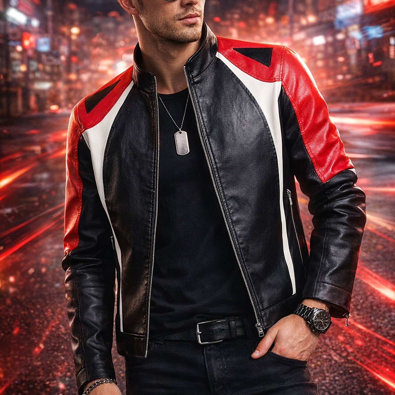 TEMU Men's Fall Winter Jacket, Color-block Jacket, Collar Zip Riding Coat, Slim Fit Street Riding Jacket, Fashionable Versatile, Suitable For Touring