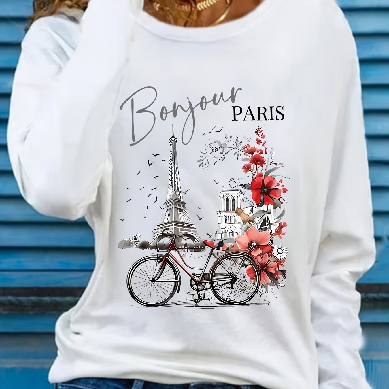 Image of Plus Size, Vibrant Paris Print Crew Neck Long Sleeve T-shirt - Soft, Breathable, Long Sleeve Casual Top, Comfortable Women's Plus Size Fashion Apparel