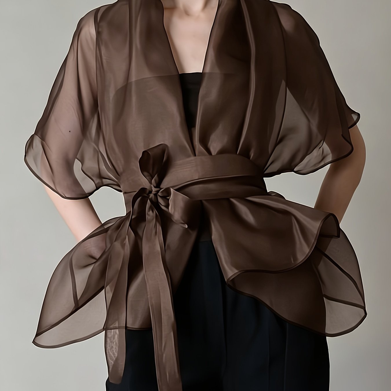 TEMU Camicia da donna taglie forti, elegante, tendenza, con a pettorina, traslucida, con maniche a volant e cintura