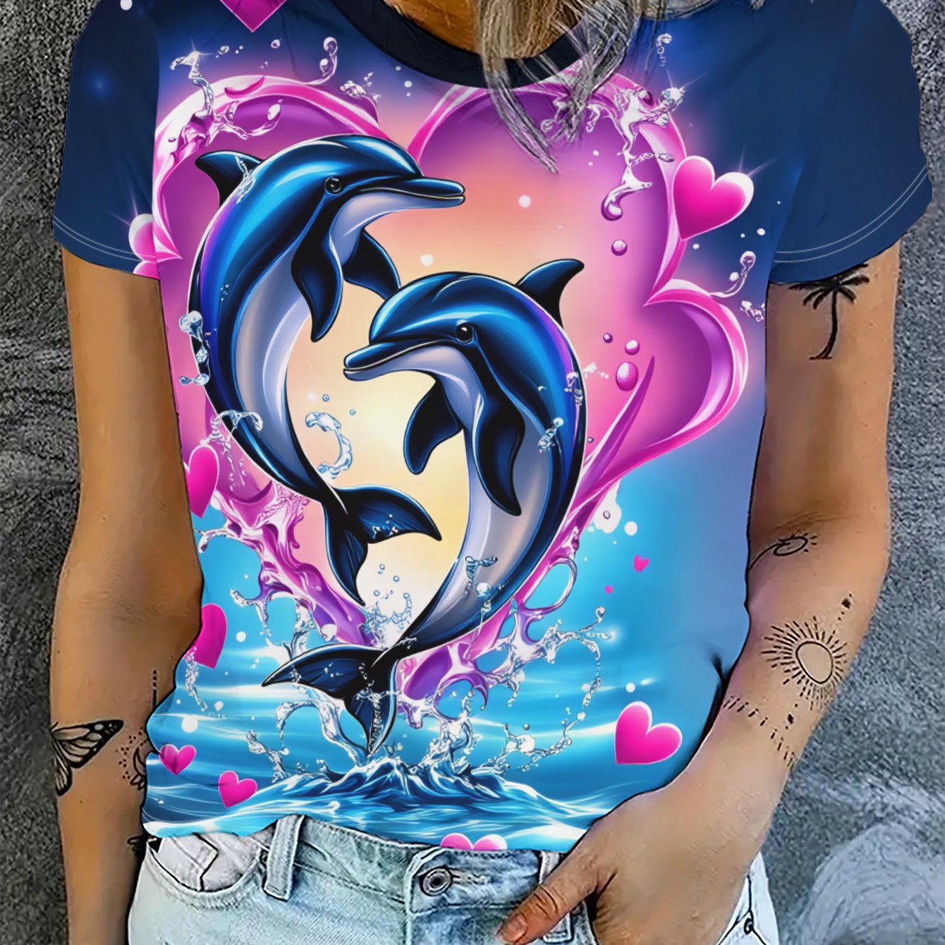 TEMU Women's T-shirt, Dark , Printed With A Pair Of A Heart, And Fresh