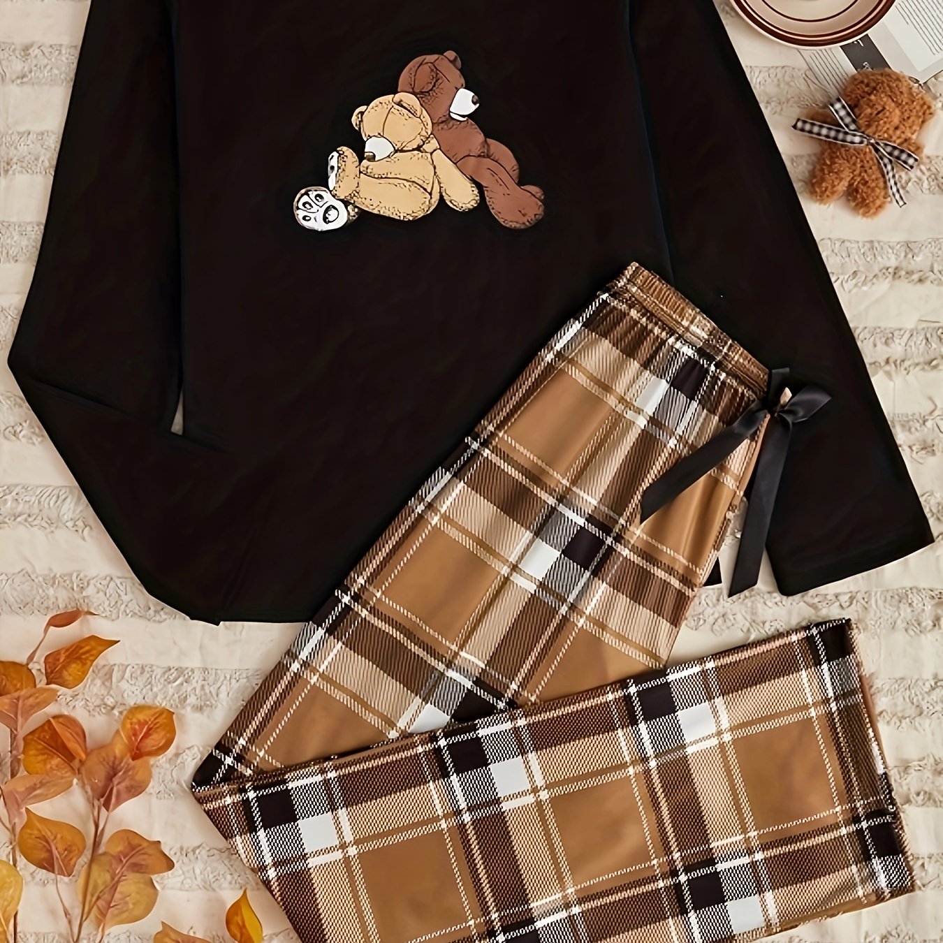 TEMU Neck Set Bear Pattern & Long Pants - Polyester 95%, Elastane 5%, Knit , Long , Bow , , Lounge Wear, , Waist, Pullover - Two- Set