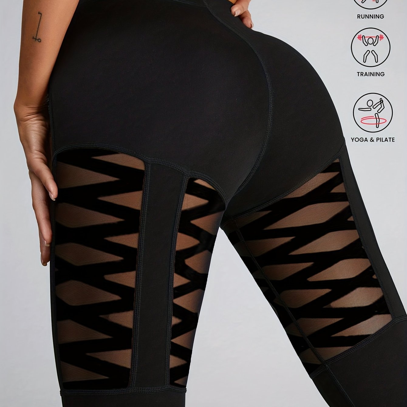 E-shop 1 Damen Schwarze Mesh-Leggings, Yoga-Leggings, High-Waist Mesh-Einsatz Bauchkontrolle, High-Waist Po-Hebende Yoga Fitness Gym Freizeithose,