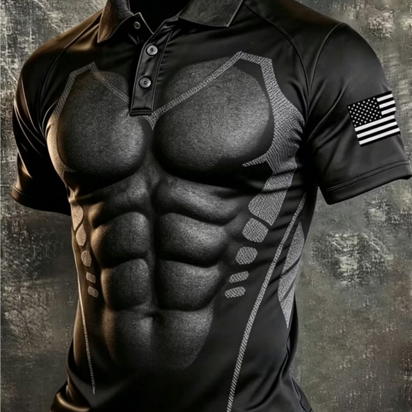 Men's Tactical Muscle 3d 6 Pc Abs Graphic Short Sleeve Golf Shirt Workout Athletic T-shirt With American Flag Sleeve Patch Patriotic Outdoor Casual Tops