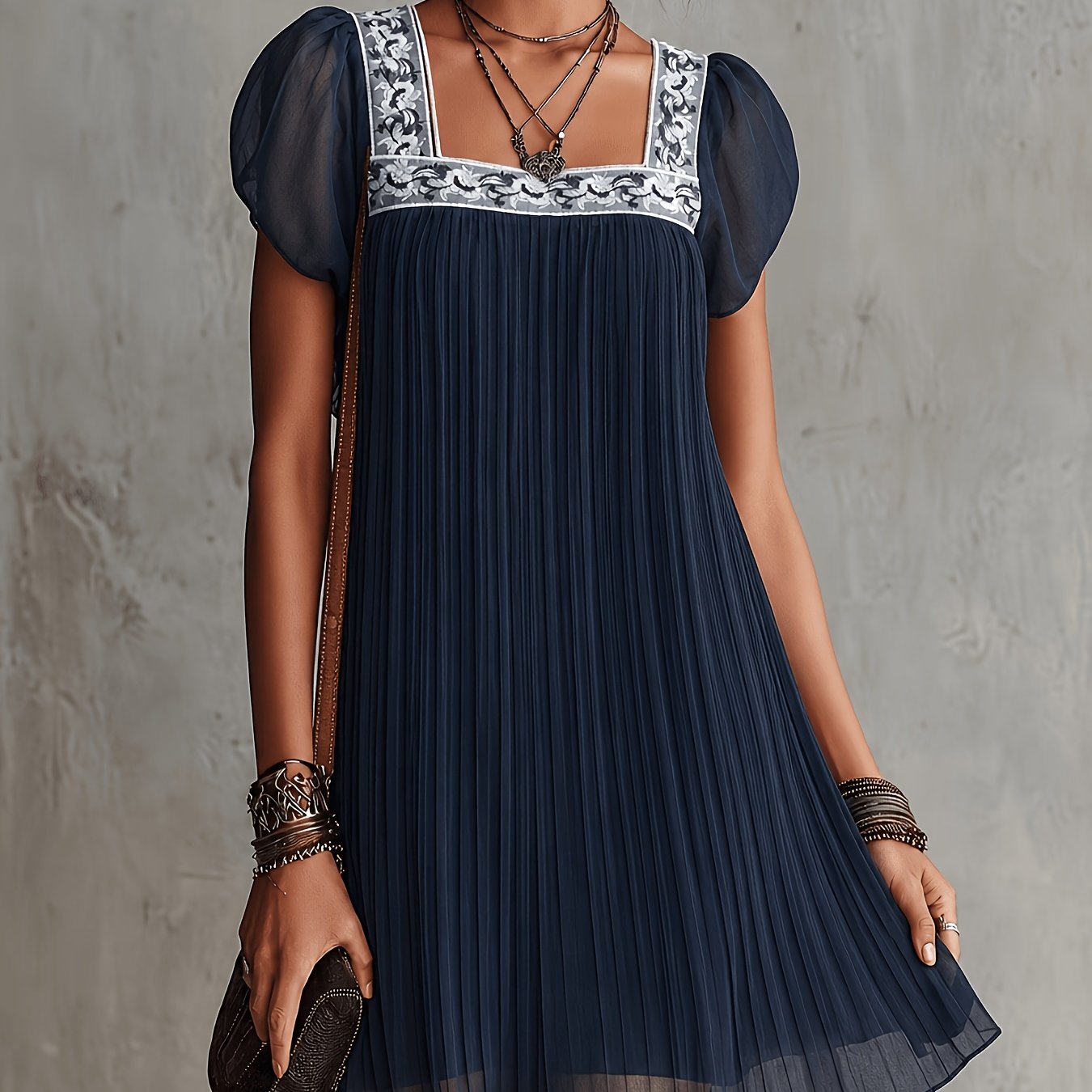 TEMU Relaxed Vacation- Neck Dress, Lightweight Pleated Fairy Dress