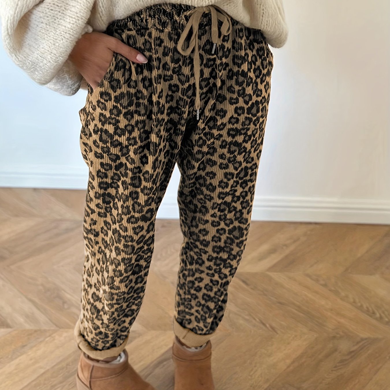 E-shop Damen-Jogginghose in Übergröße mit Leopardenmuster, Kordelzug an der Taille , Freizeithose