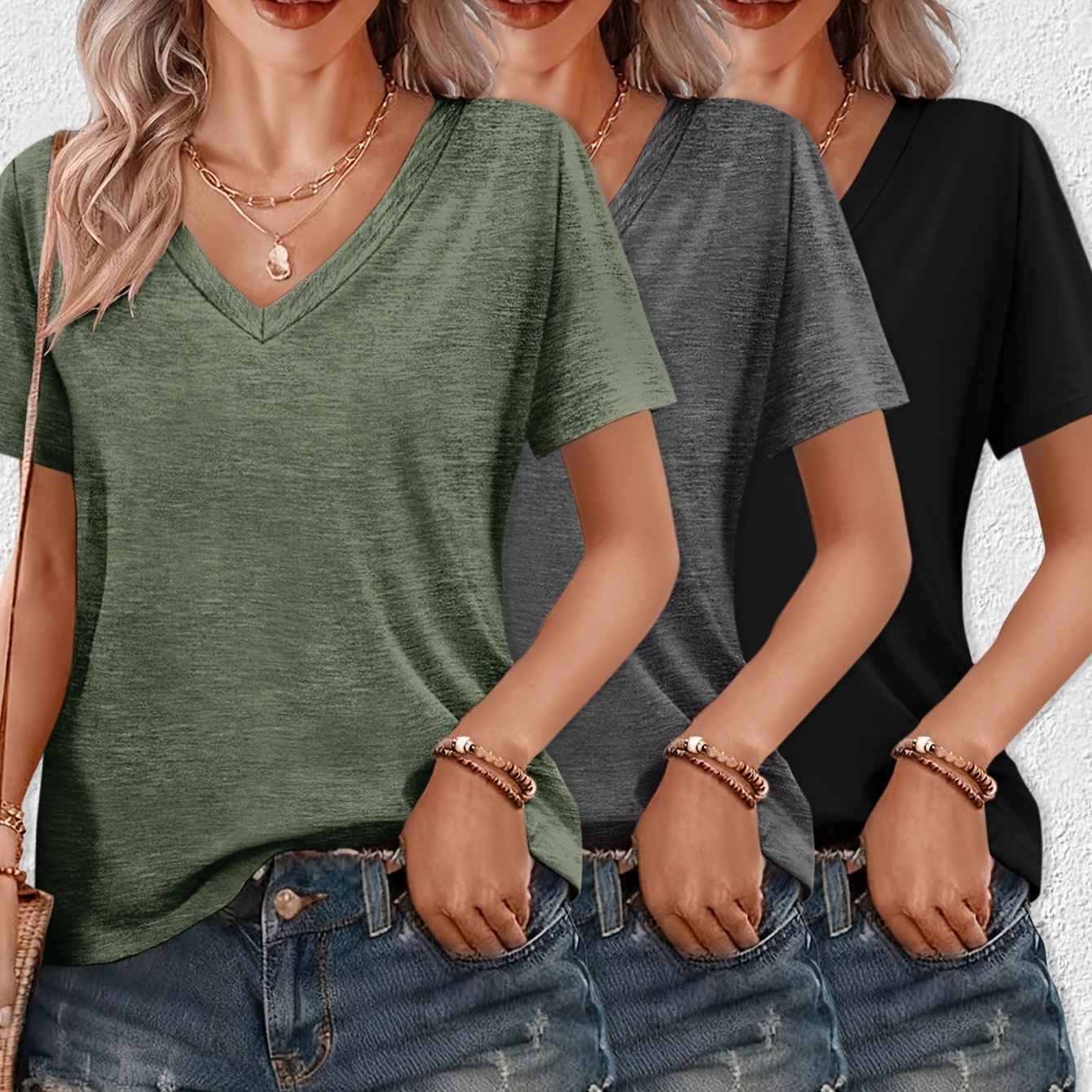 TEMU 3pcs - New Summer Casual Fashion Basic V-neck Short Sleeve T-shirt For Layering Or Wearing As Outerwear - 3pcs