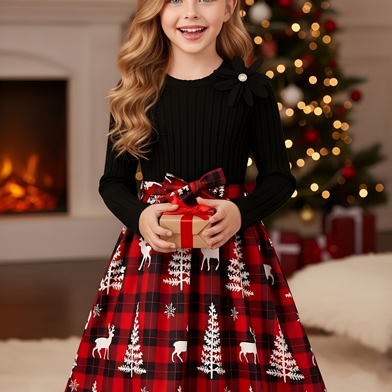 Image of Girls' Knit Striped Appliqued Round Neck Casual Fashion Long Sleeve Dress, Christmas And Belt