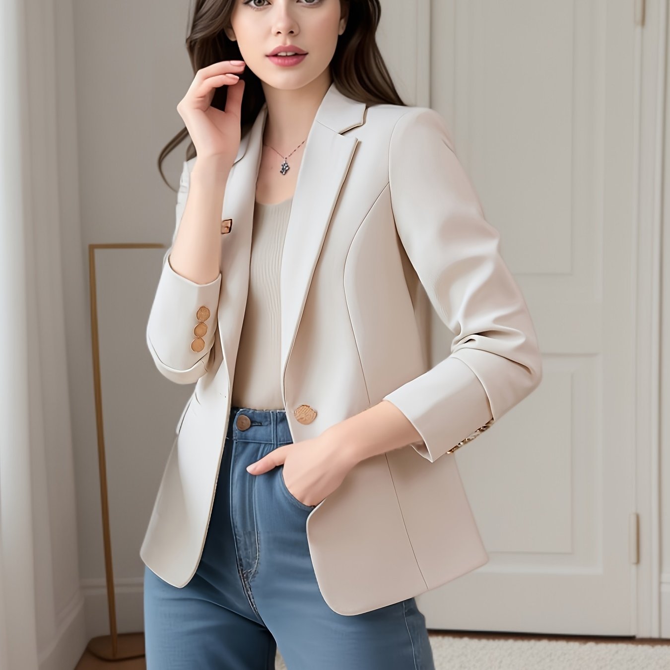 TEMU Women's Spring/autumn 2024 New Style High-end Casual Korean Style Slim-fit Suit Jacket Top For Petite Figures, Winter