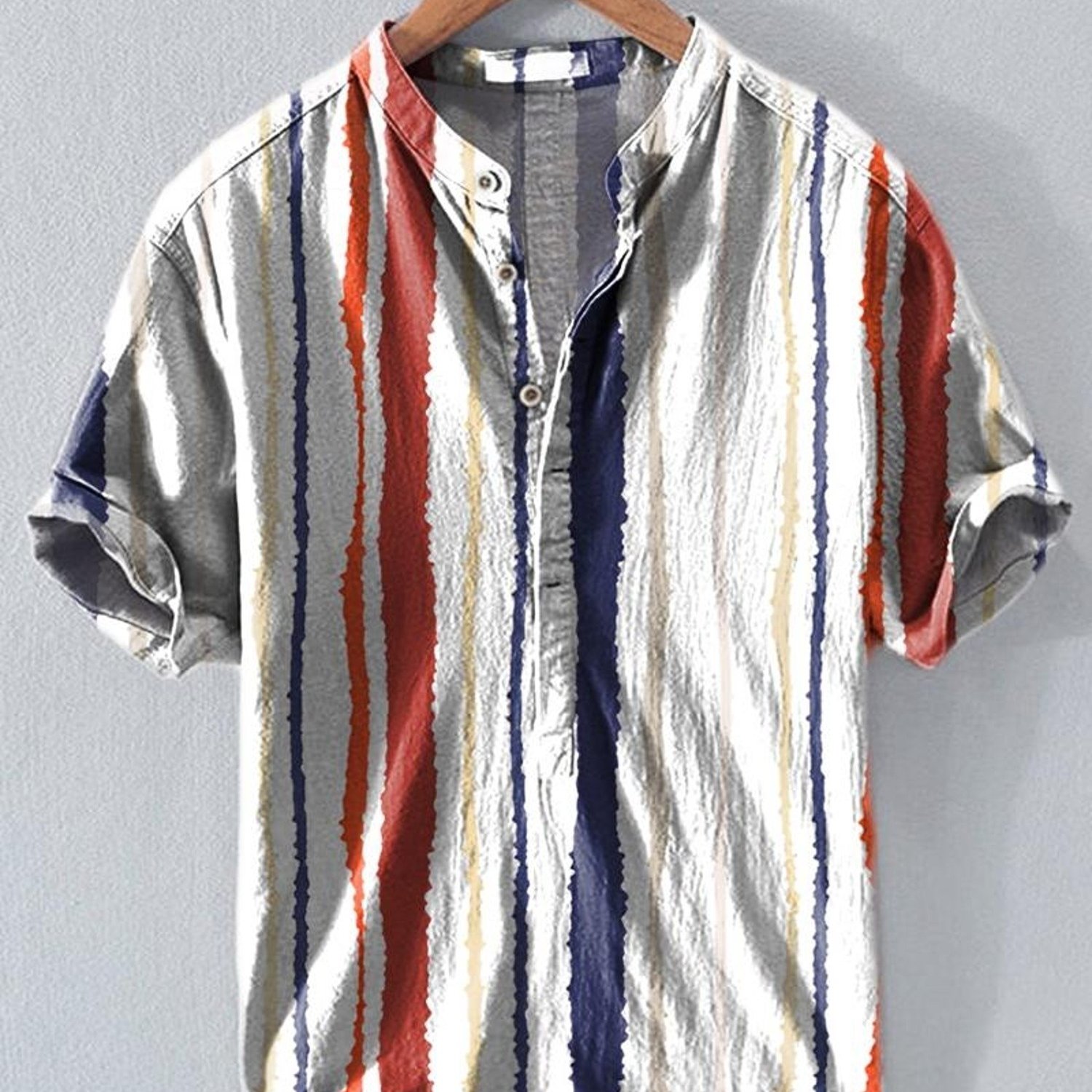 TEMU Men's Fashion Short-sleeved Collar Shirt, Button , Vertical Stripes (white, Red, Blue, Yellow), Textured/ Look, Rolled-up Sleeves, Mixed Color,
